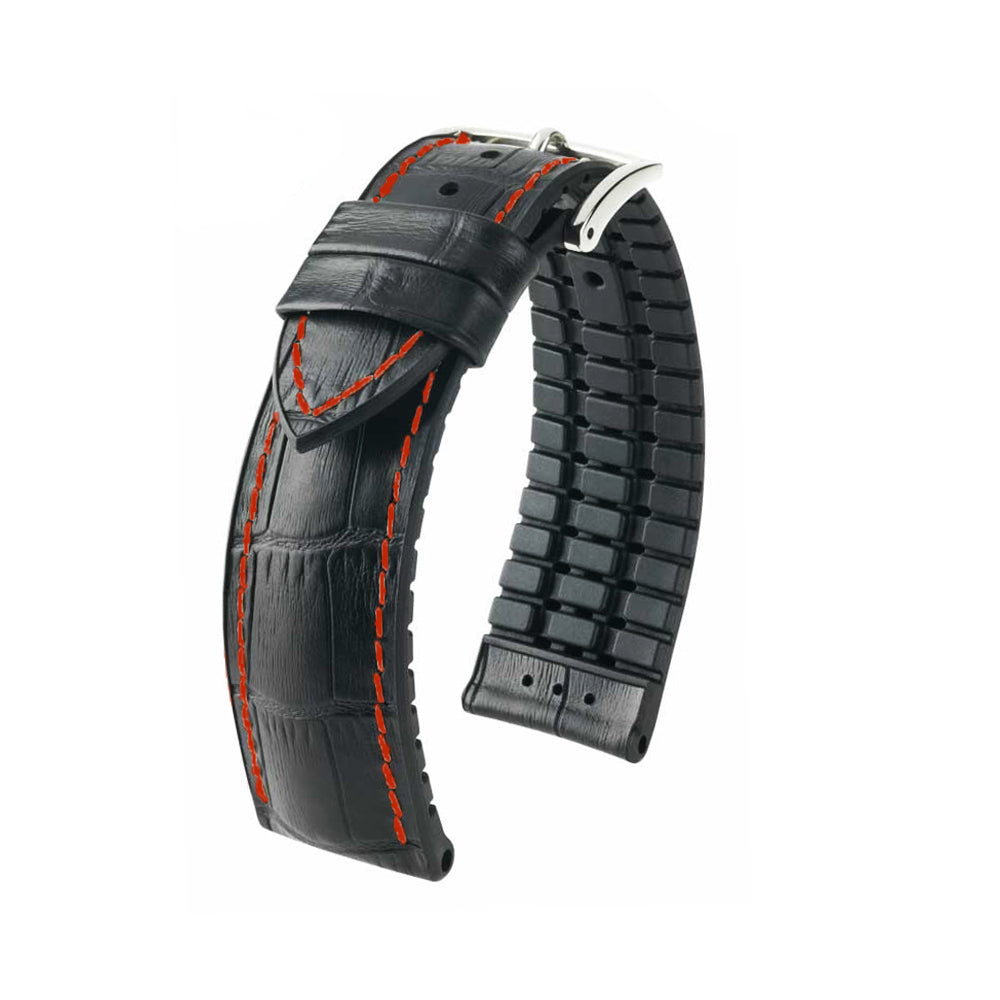 Embossed Italian Calfskin Watch Strap | George | Black | Premium Red Stitch | Hirsch Performance Series