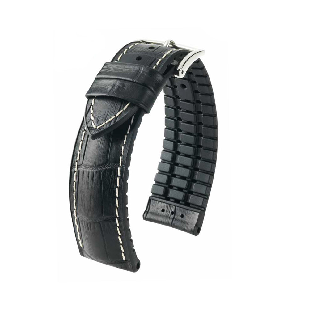 Embossed Italian Calfskin Watch Strap | George | Black | Premium White Stitch | Hirsch Performance Series
