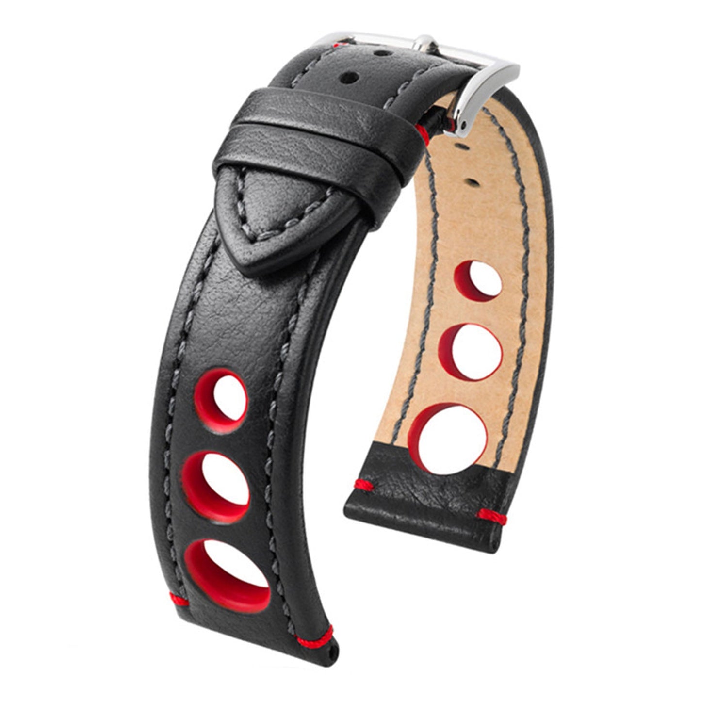 Hirsch Rally Watch Band | Black | Black Stitch & Red Siding