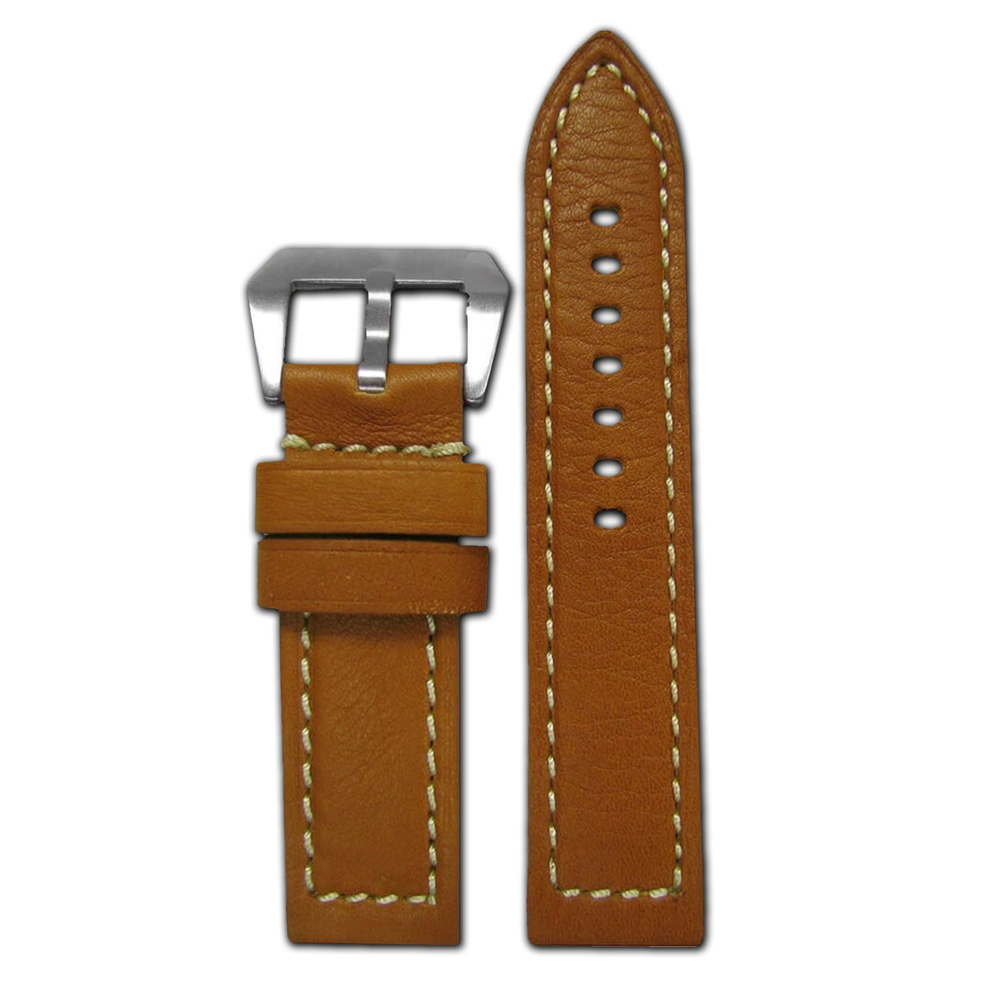 Vintage Soft Calf Leather Watch Band | Flat | Light Brown | White Stitch
