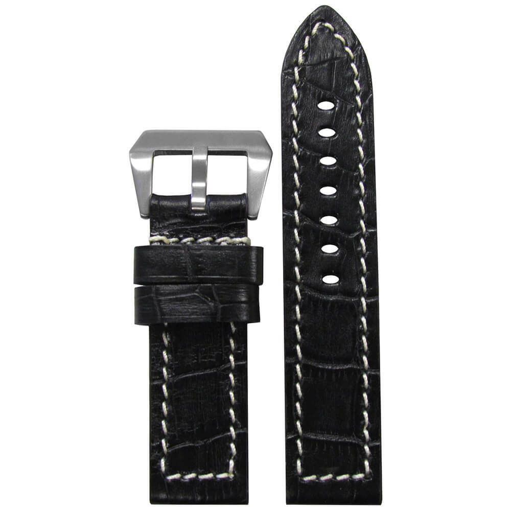 Natural Vintage Embossed Leather Gator Print Watch Band | Flat | Black | White Stitch