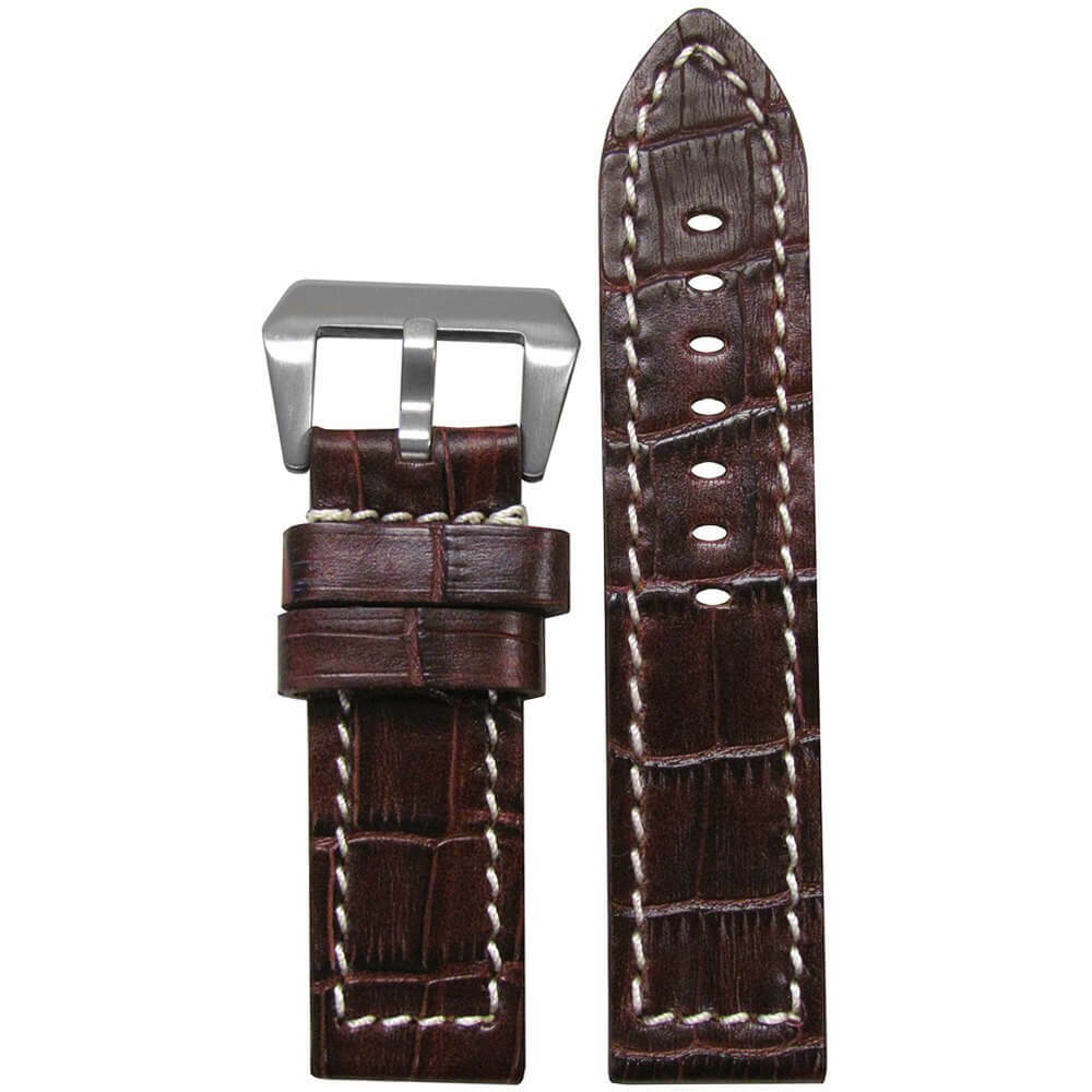 Natural Vintage Embossed Leather Gator Print Watch Band | Flat | Brown | White Stitch