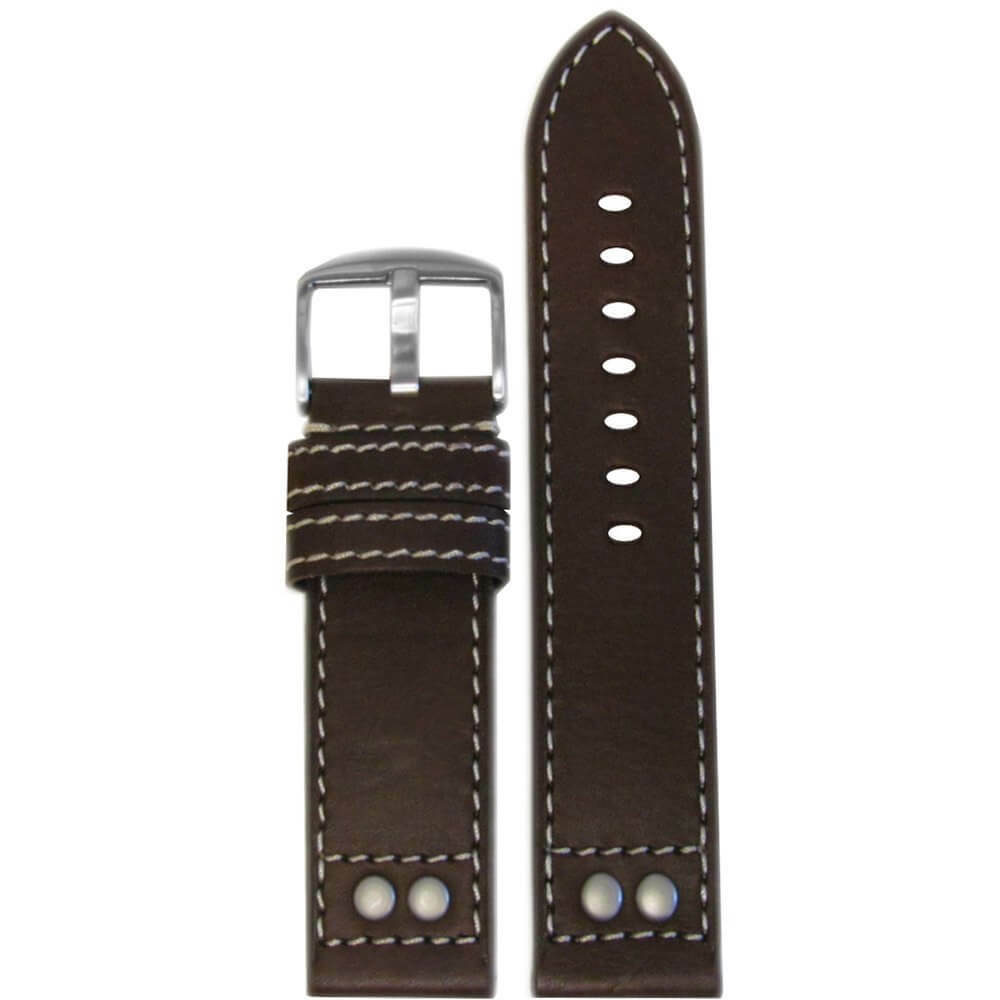 Oiled Leather Watch Band | Pilot Style | Brush Rivets | Flat | Dark Brown | White Stitch