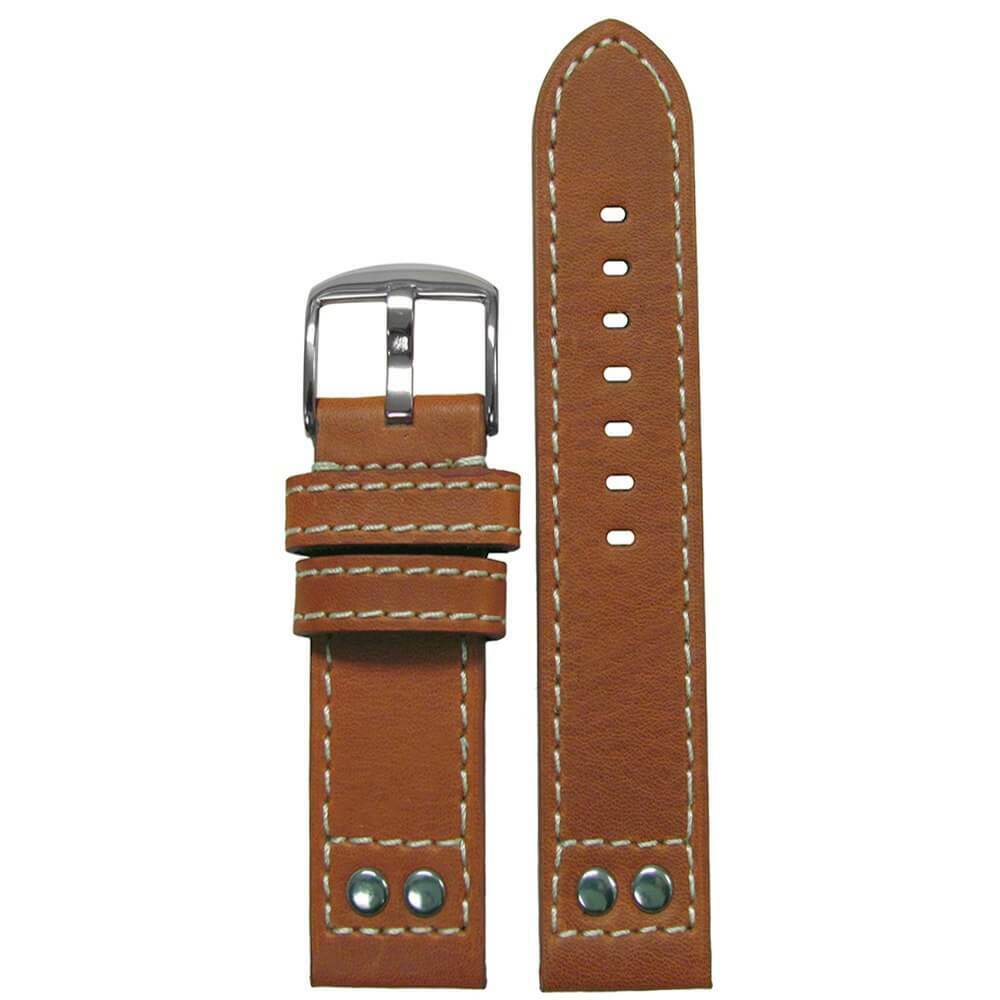 Oiled Leather Watch Band | Pilot Style | Brush Rivets | Flat | Tan | White Stitch