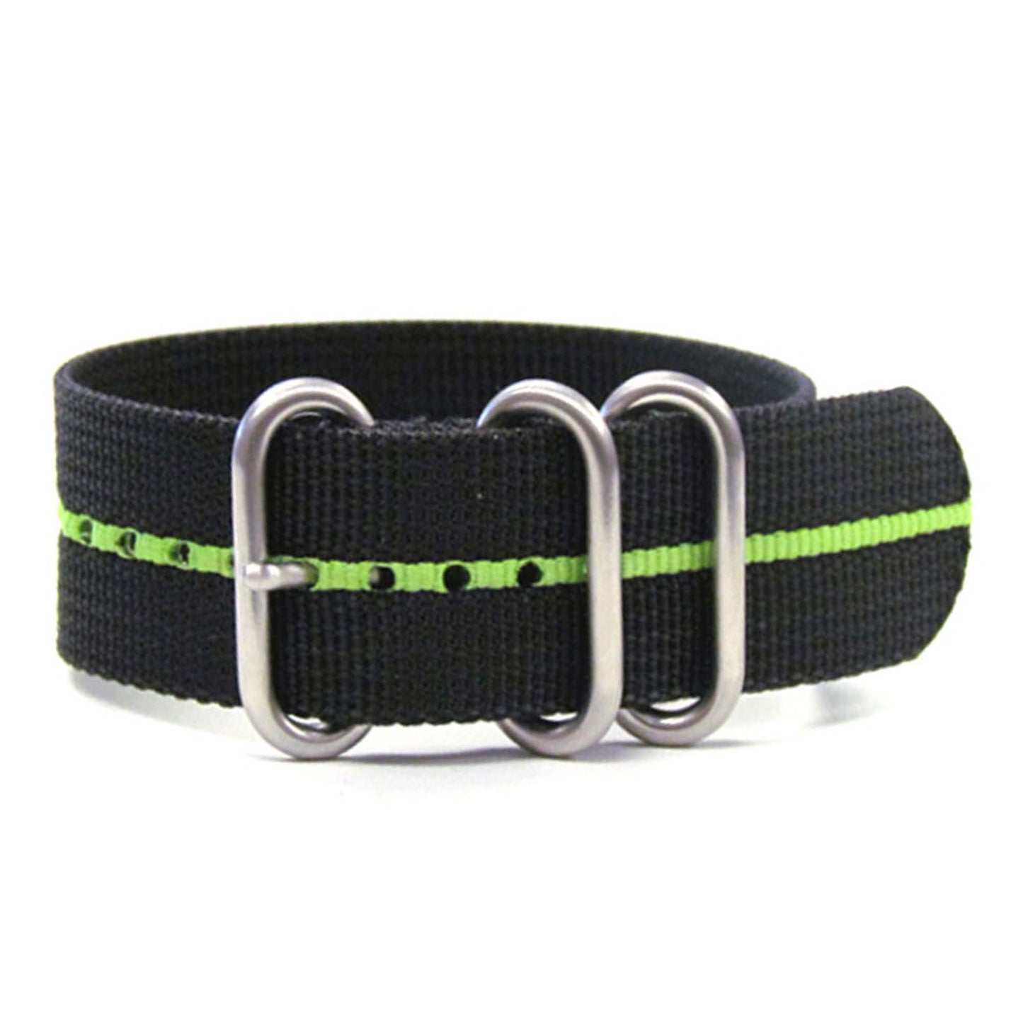 Ballistic Nylon Watch Band | 3 Ring | Black | Green Stripe | Brushed Hardware