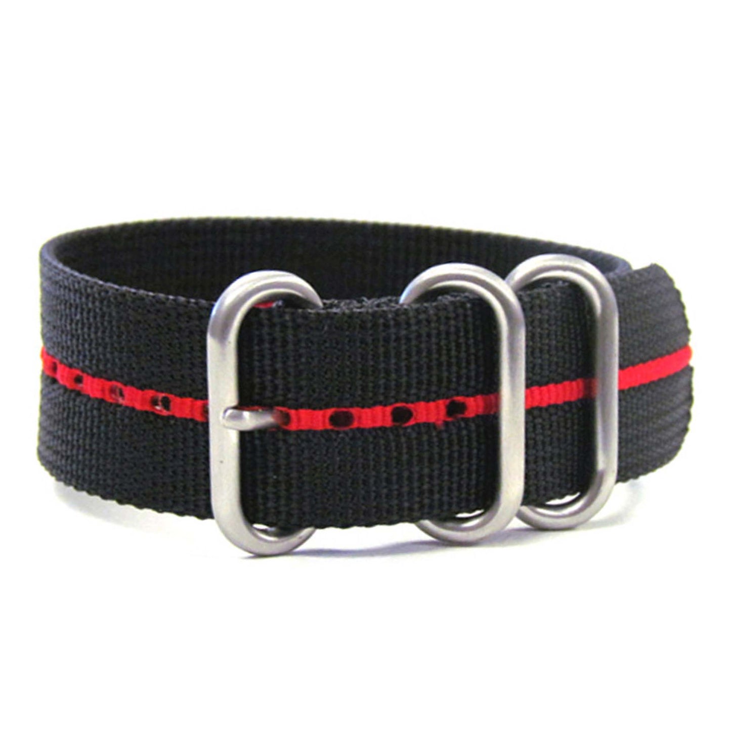 Ballistic Nylon Watch Band | 3 Ring | Black | Red Stripe | Brushed Hardware