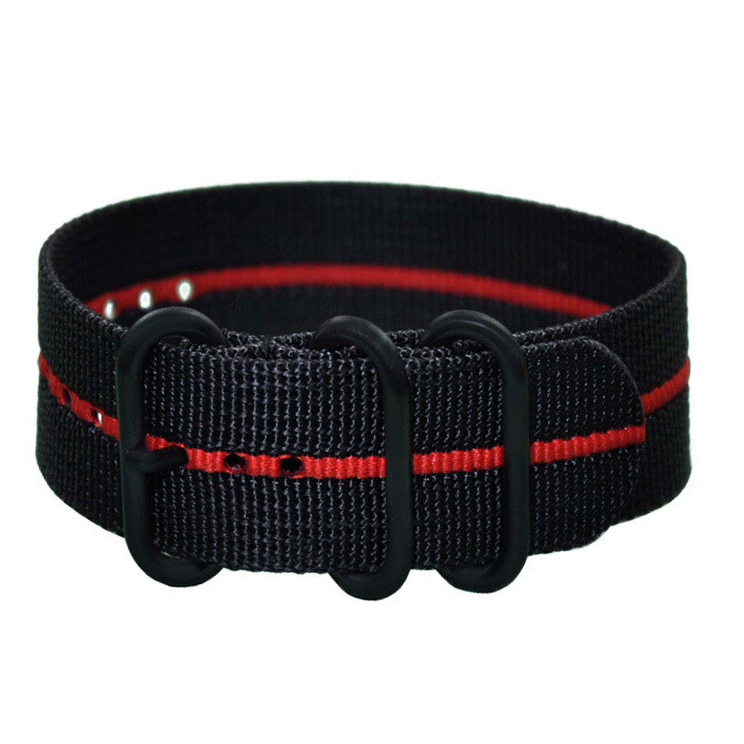 Ballistic Nylon Watch Band | 3 Ring | Black | Red Stripe | PVD (Black) Hardware
