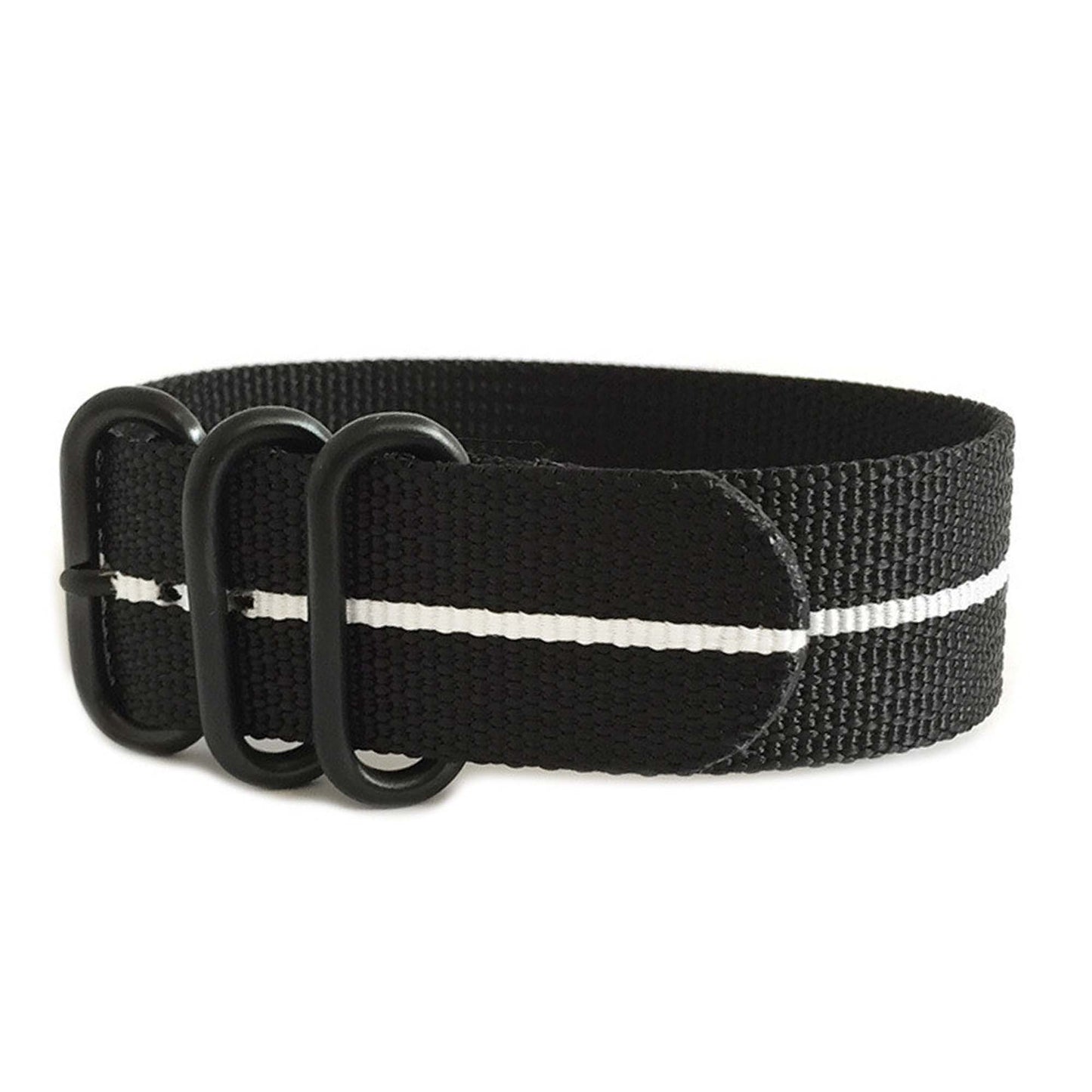 Ballistic Nylon Watch Band | 3 Ring | Black | White Stripe | PVD (Black) Hardware