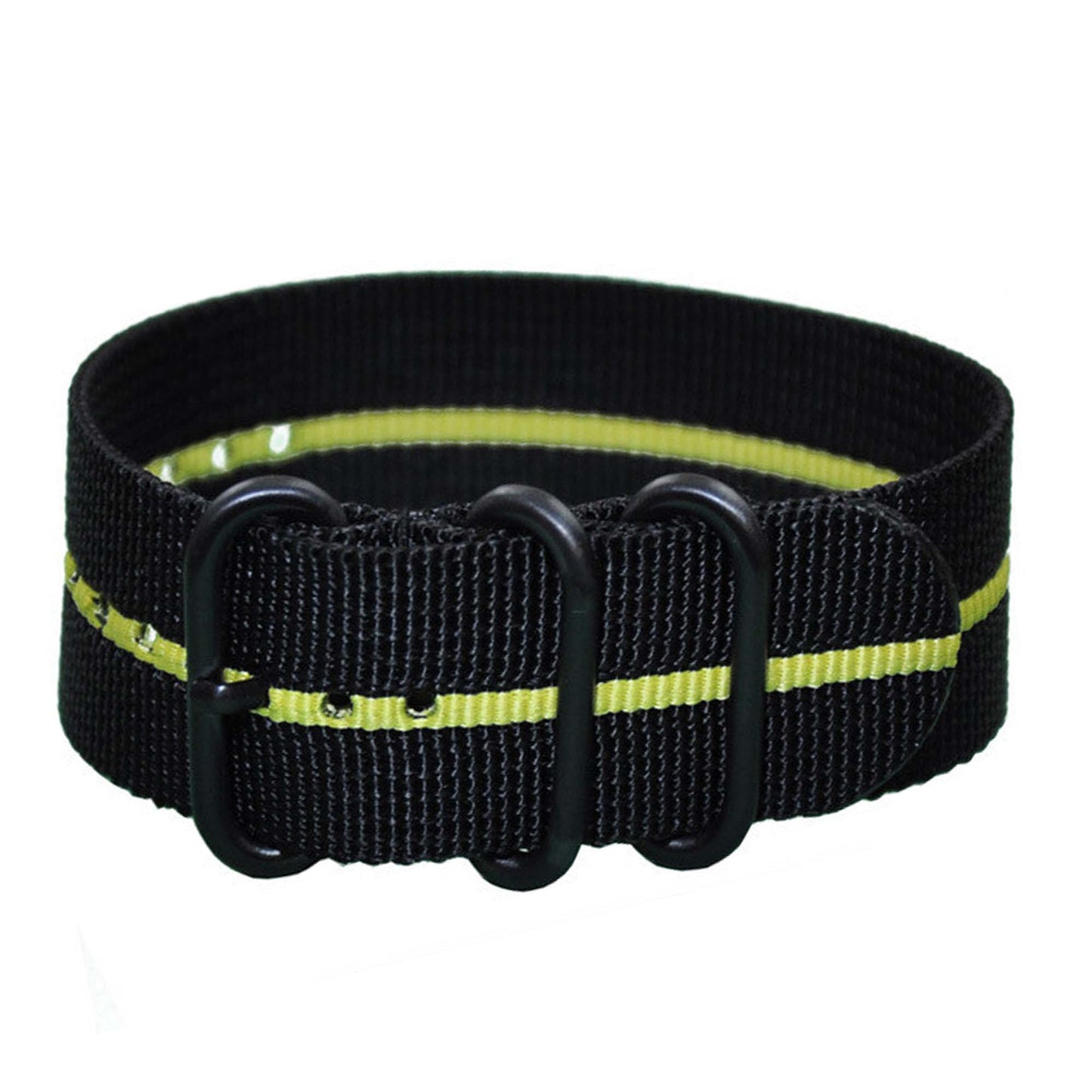 Ballistic Nylon Watch Band | 3 Ring | Black | Yellow Stripe | PVD (Black) Hardware