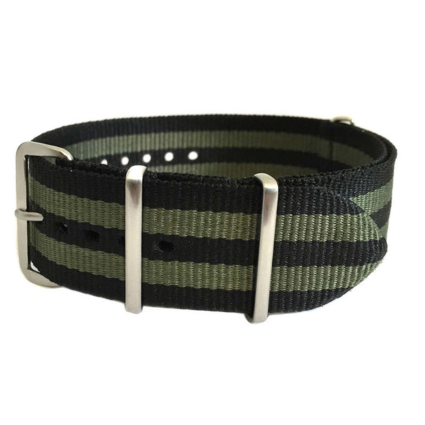 Ballistic Nylon Watch Band | 4 Square Ring | Double Olive Stripe | Brushed Hardware