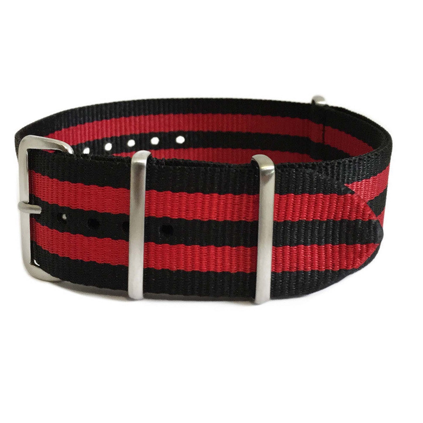 Ballistic Nylon Watch Band | 4 Square Ring | Double Red Stripe | Brushed Hardware