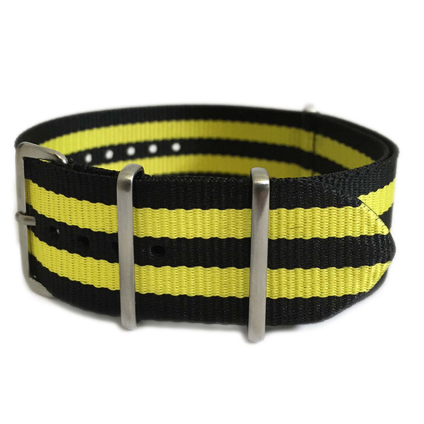 Ballistic Nylon Watch Band | 4 Square Ring | Double Yellow Stripe | Brushed Hardware