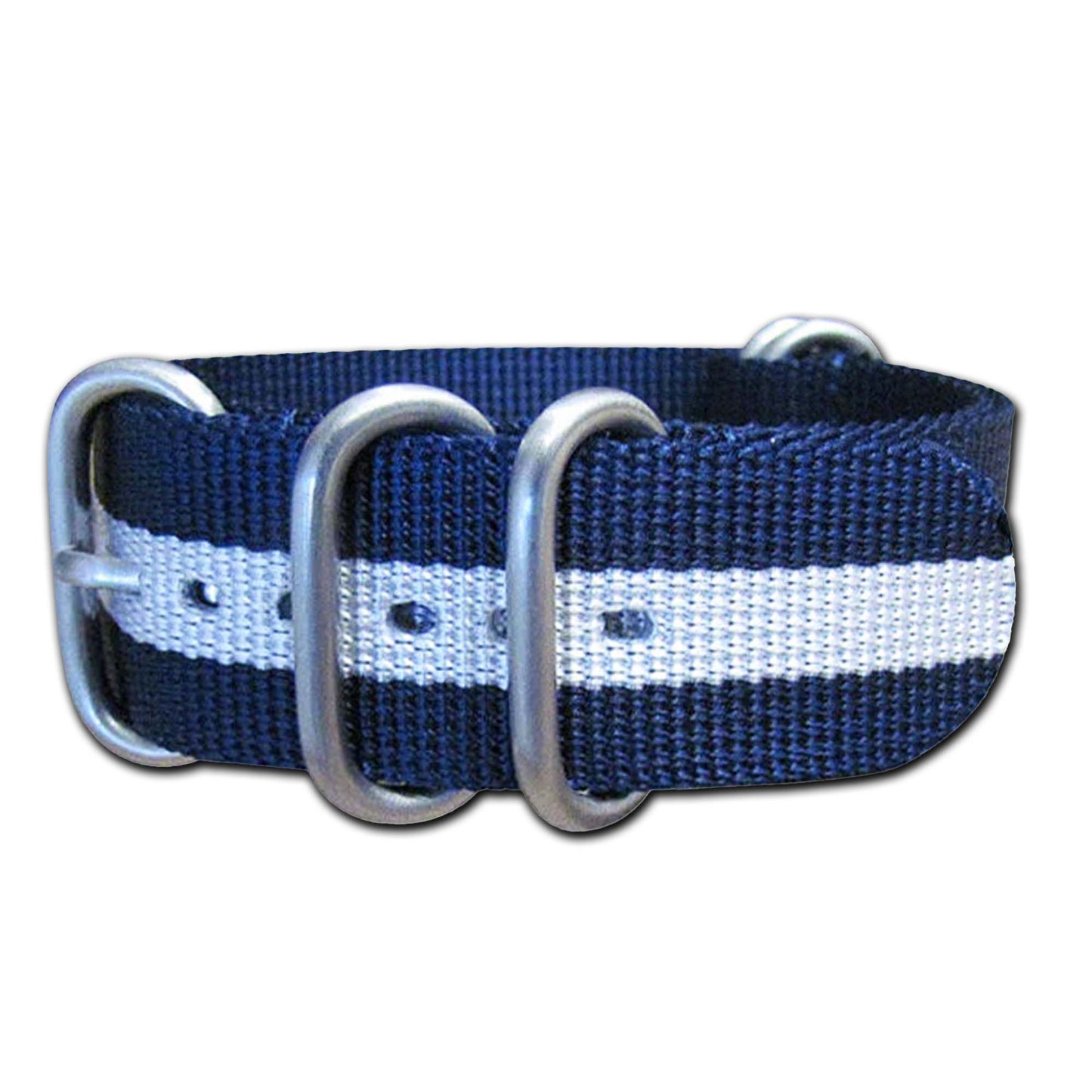 Ballistic Nylon Watch Band | 5-Ring | Navy-White | Brushed Hardware