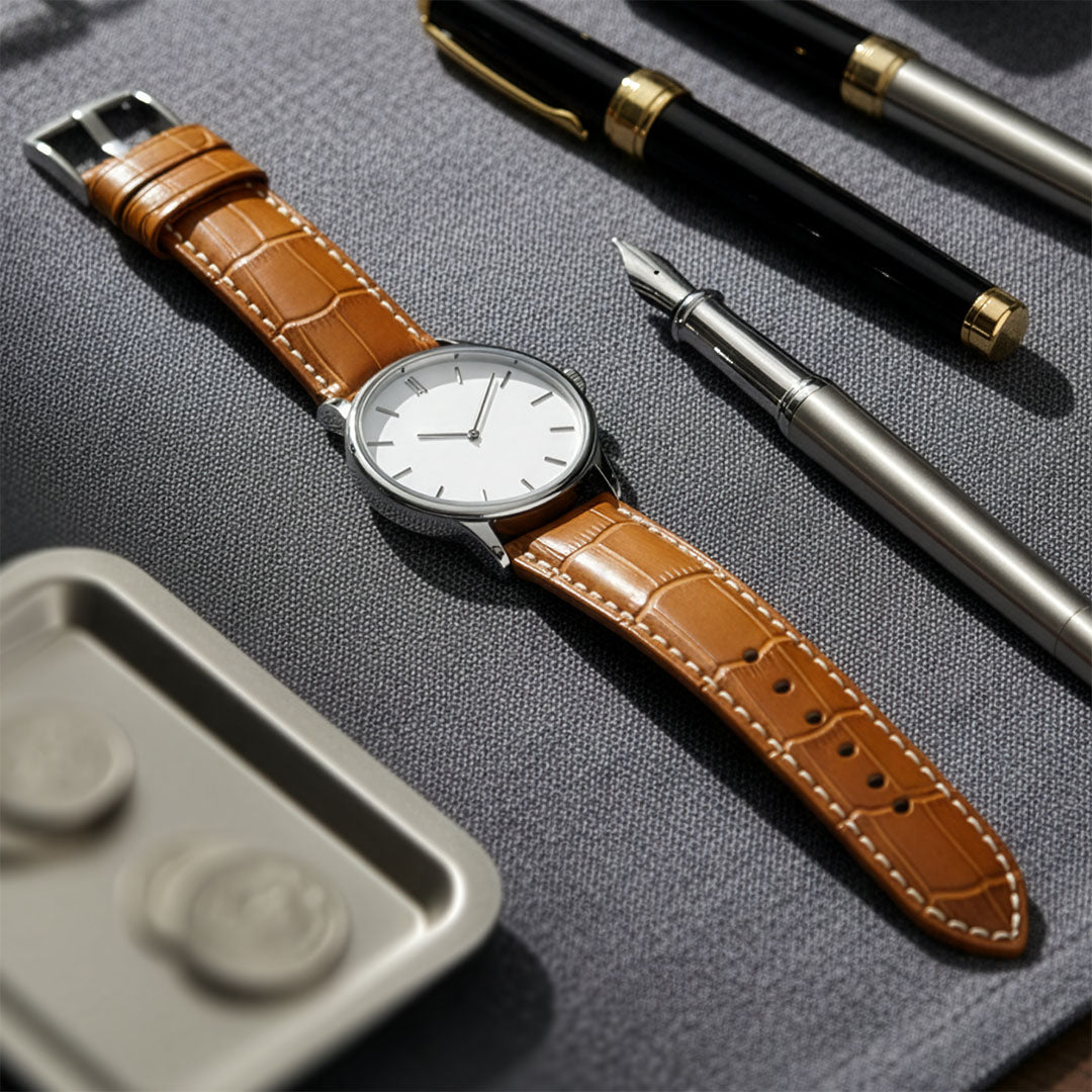 Alligator-Grain Embossed Leather Watch Band, New Orleans - Cognac, White Stitch