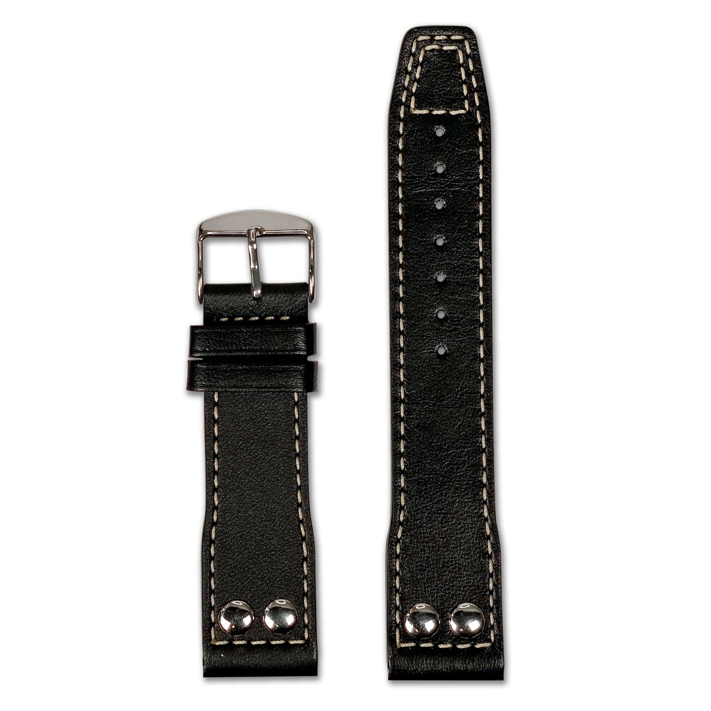 Calf Leather Pilot Style Watch Band | Black | White Stitching | IWC Style
