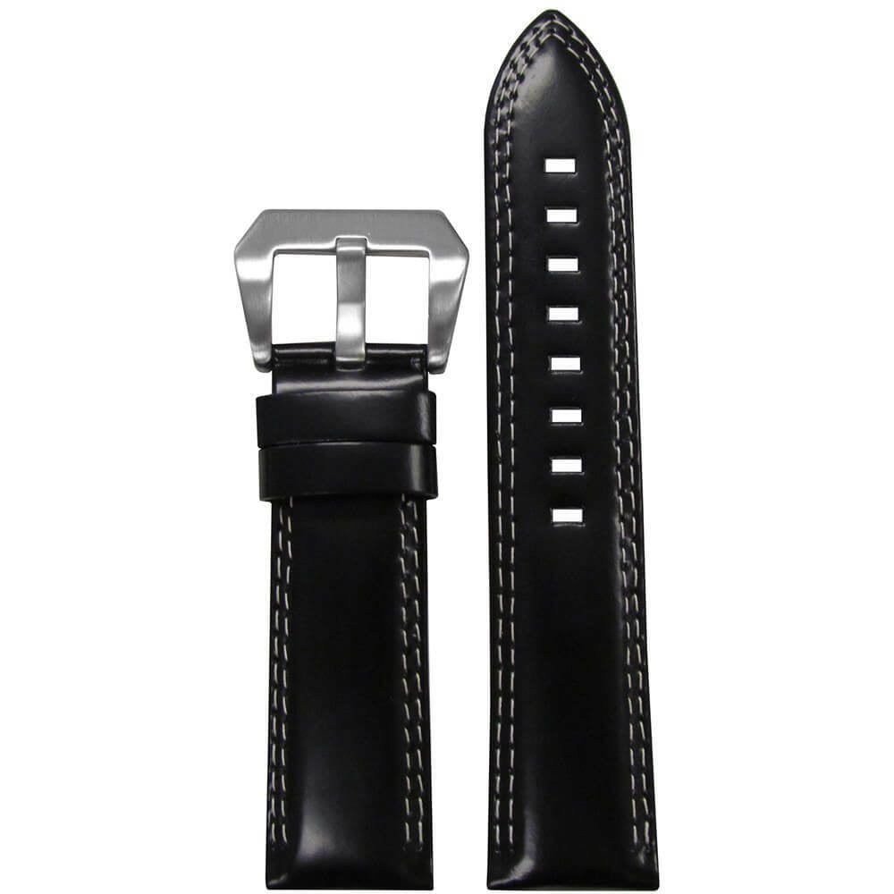 Premium Italian Leather Watch Band | Padded | Black | Double White Stitch