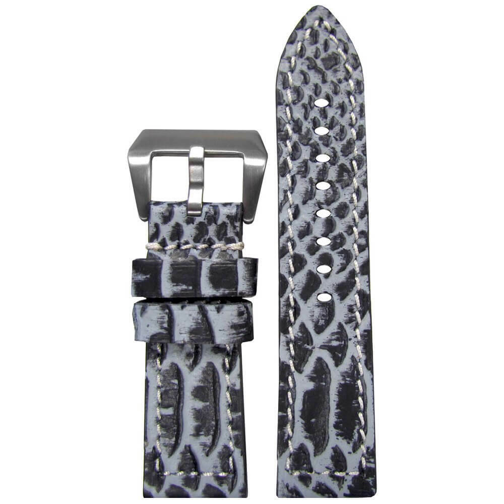 Embossed Leather Python Print Watch Band | Flat | Blue | White Stitch