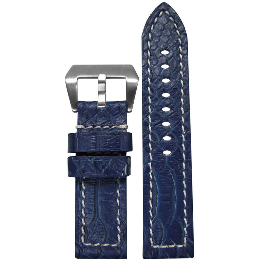 Embossed Leather Python Print Watch Band | Flat | Navy | White Stitch