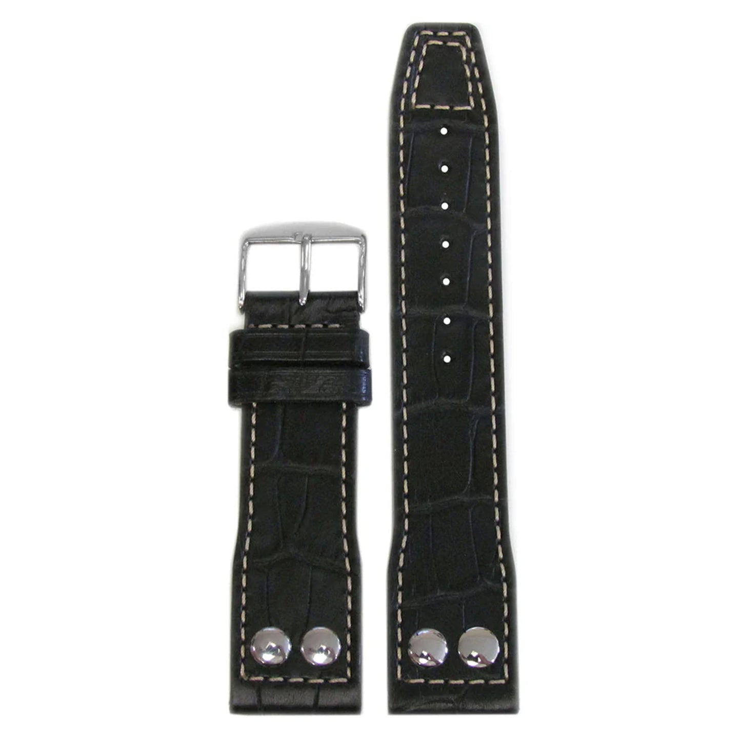 QR | Embossed Gator Pilot Watch Band | Black | White Stitch | For IWC
