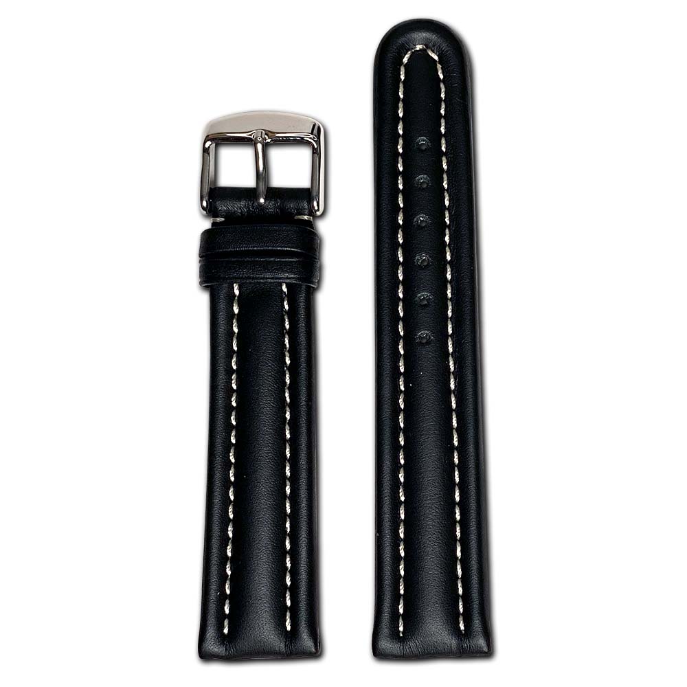 20mm Smart Watch Band | Quick Release | Calf Leather | Black | White Stitch