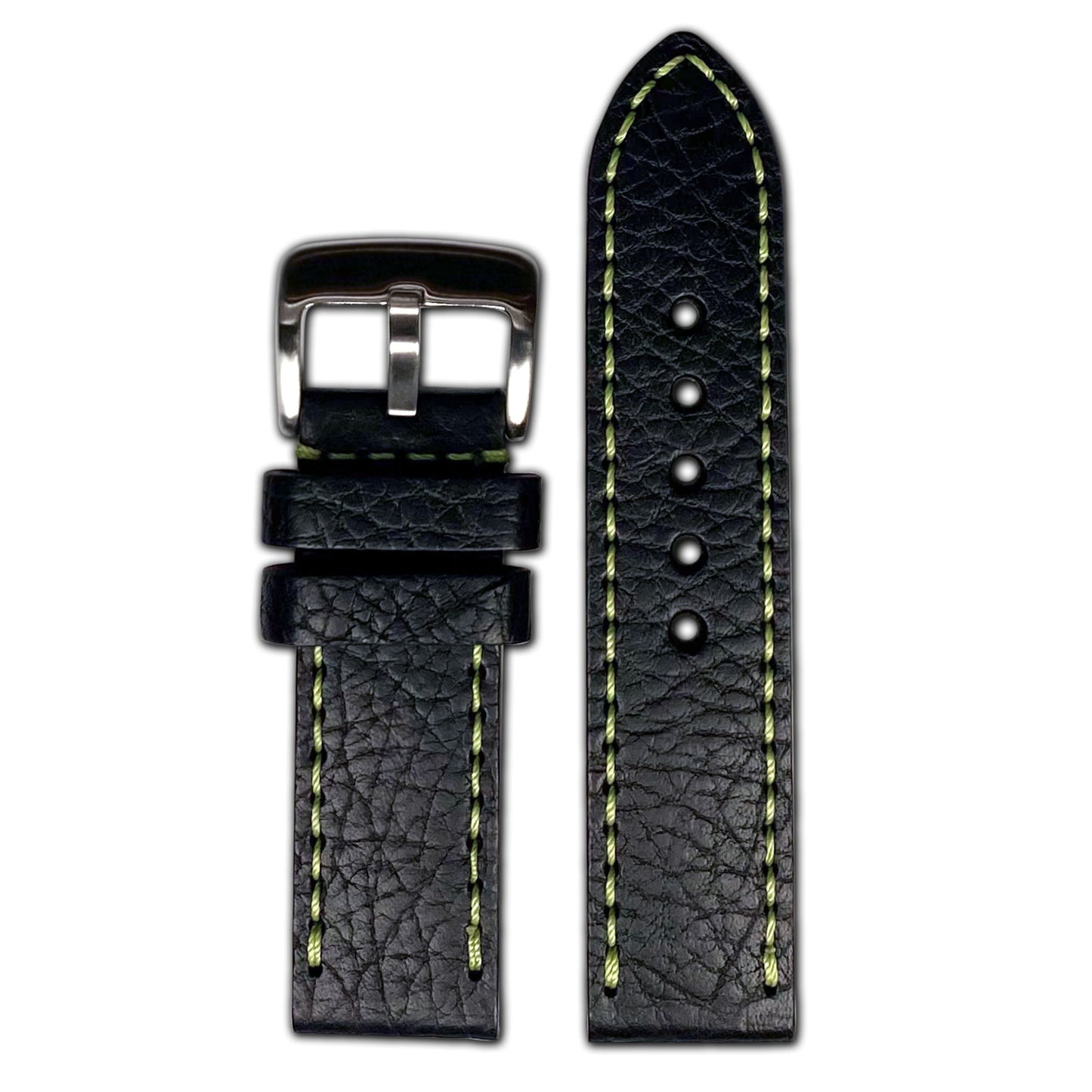 Quick Release | Pebble Grain Leather Watch Band | Black | Green Stitch
