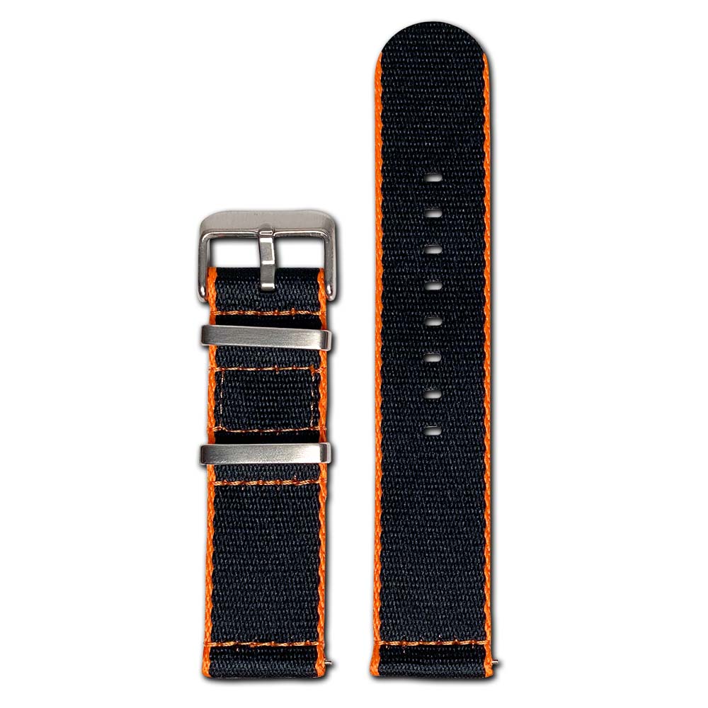 Quick Release Watch Band | Seatbelt | Two-Piece | Orange Stitch | Black