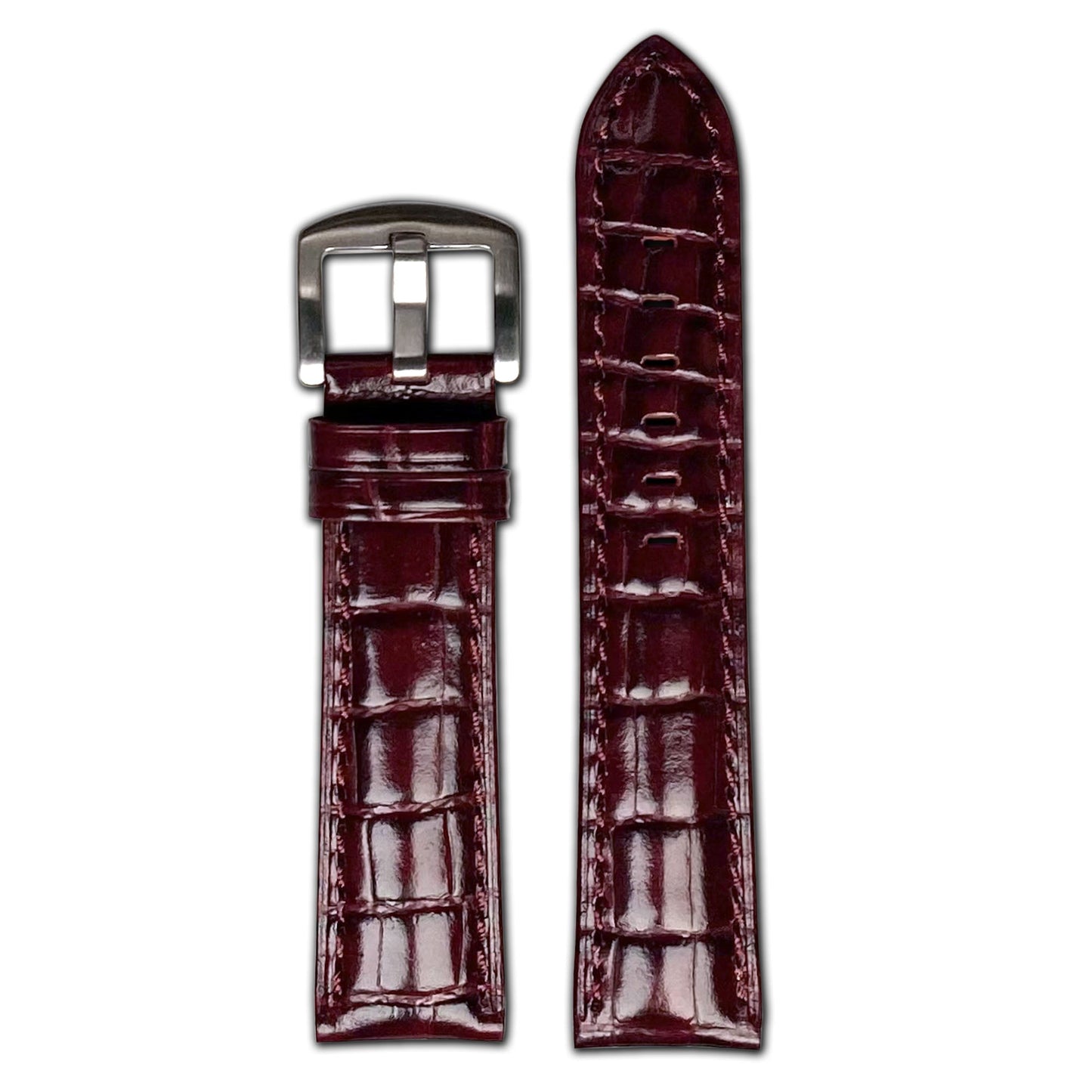 Quick Release | Embossed Gator Print Watch Band | Semi-Gloss | Burgundy | Match Stitch
