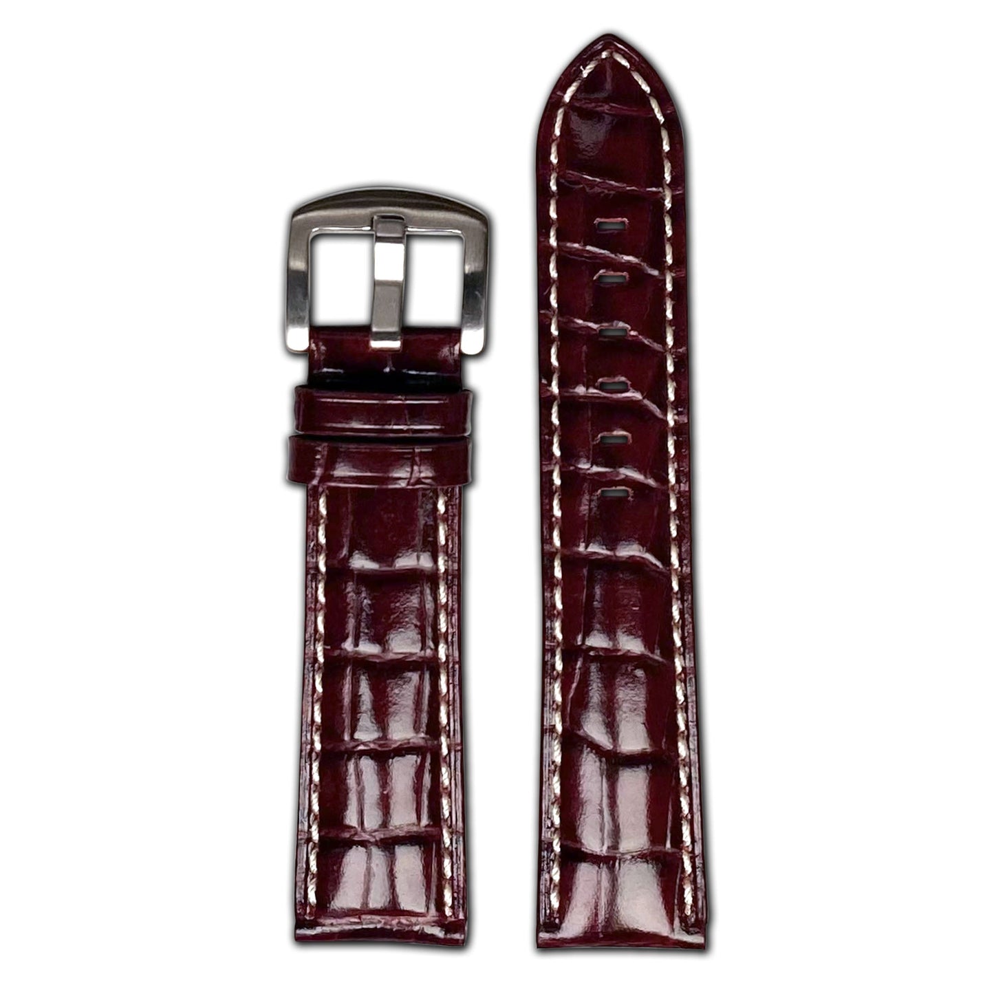Quick Release | Embossed Gator Print Watch Band | Semi-Gloss | Burgundy | White Stitch