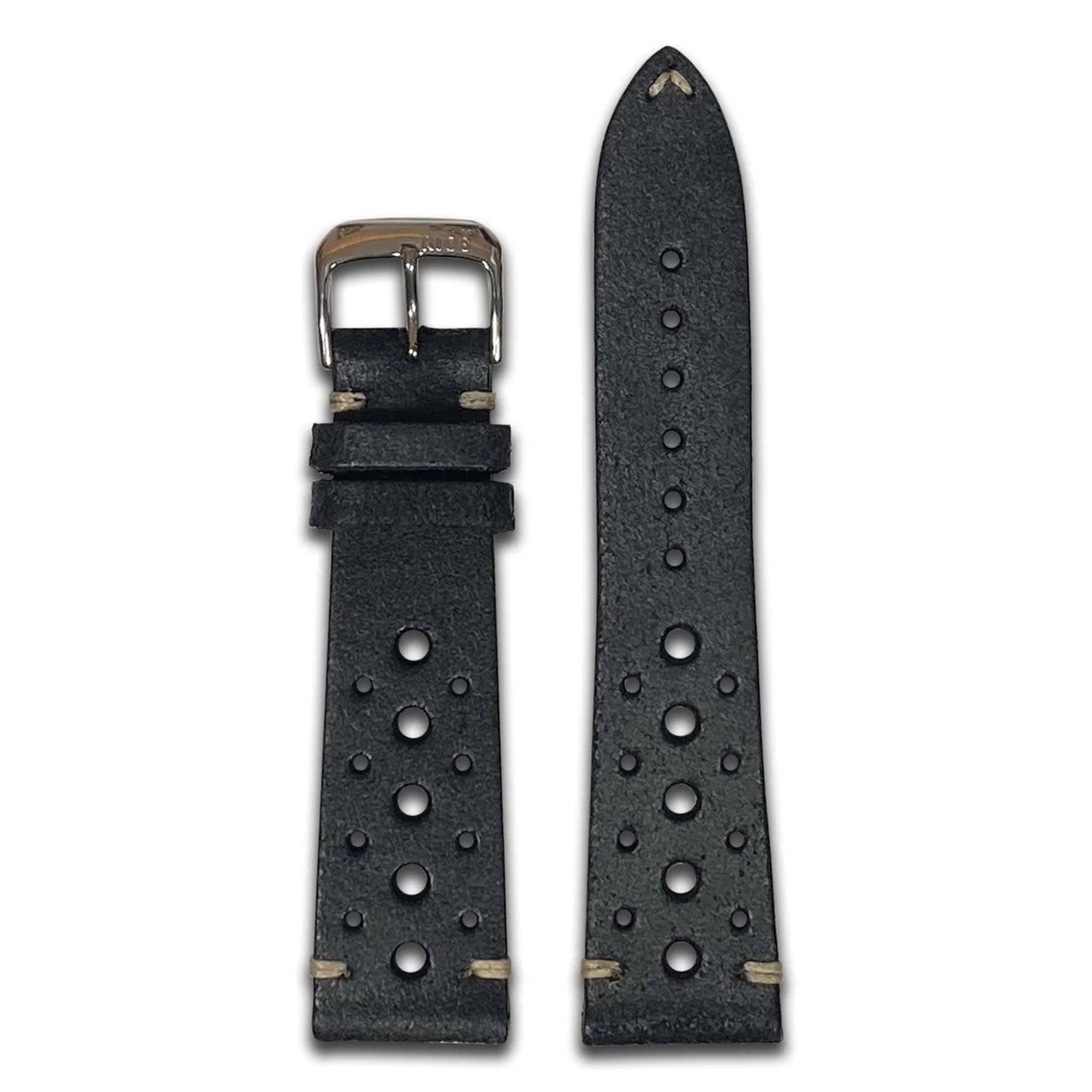 Quick Release | Vintage Leather Watch Band | Black | Racing Holes | Cream Stitch
