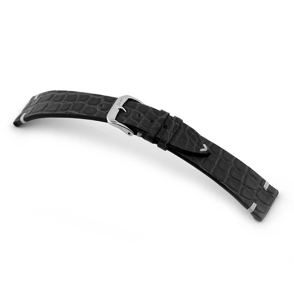 Genuine Alligator Watch Band | Royal | Flank Cut | Black | Vintage Stitch