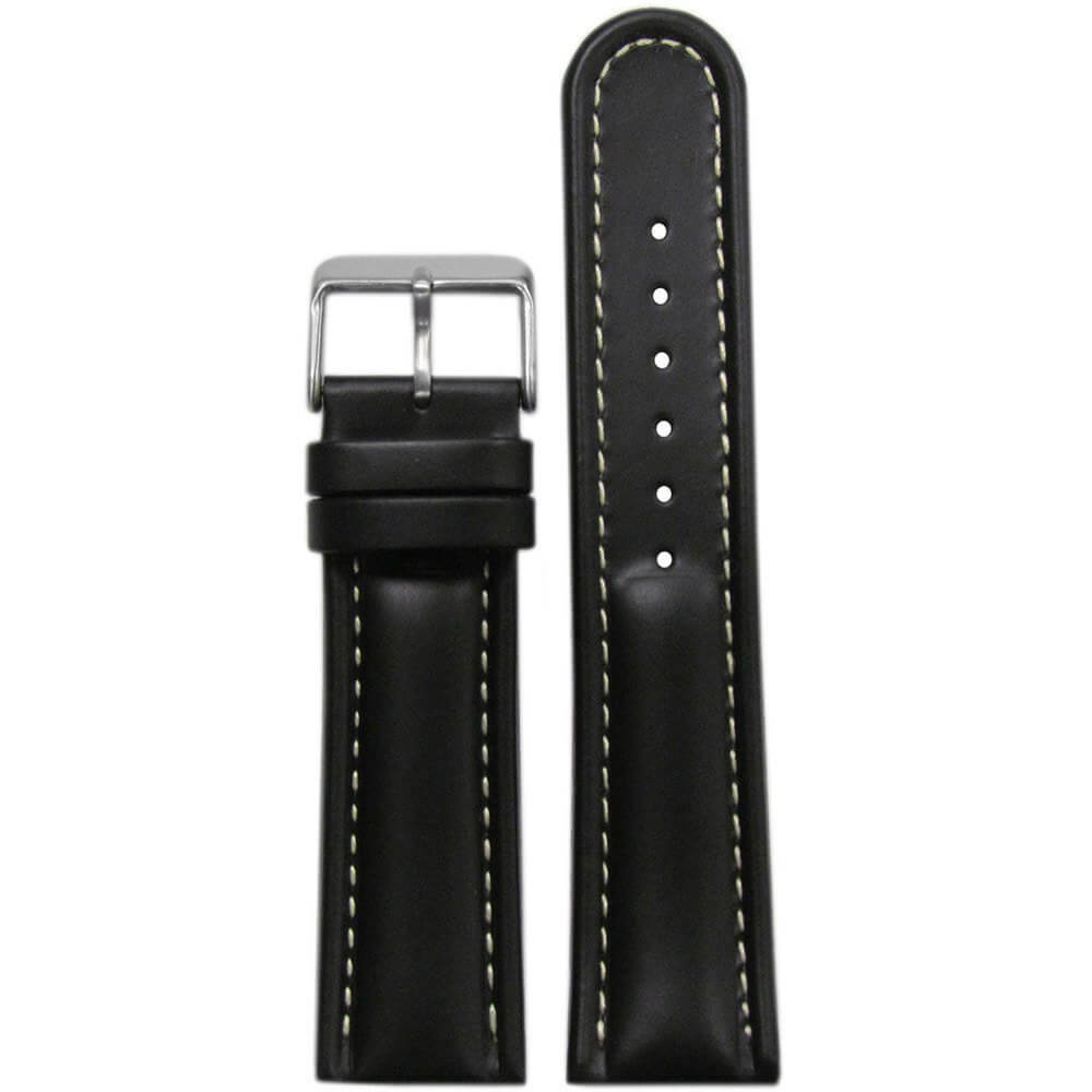 Quick Release | Padded Saddle Leather Watch Band | Black | White Stitch