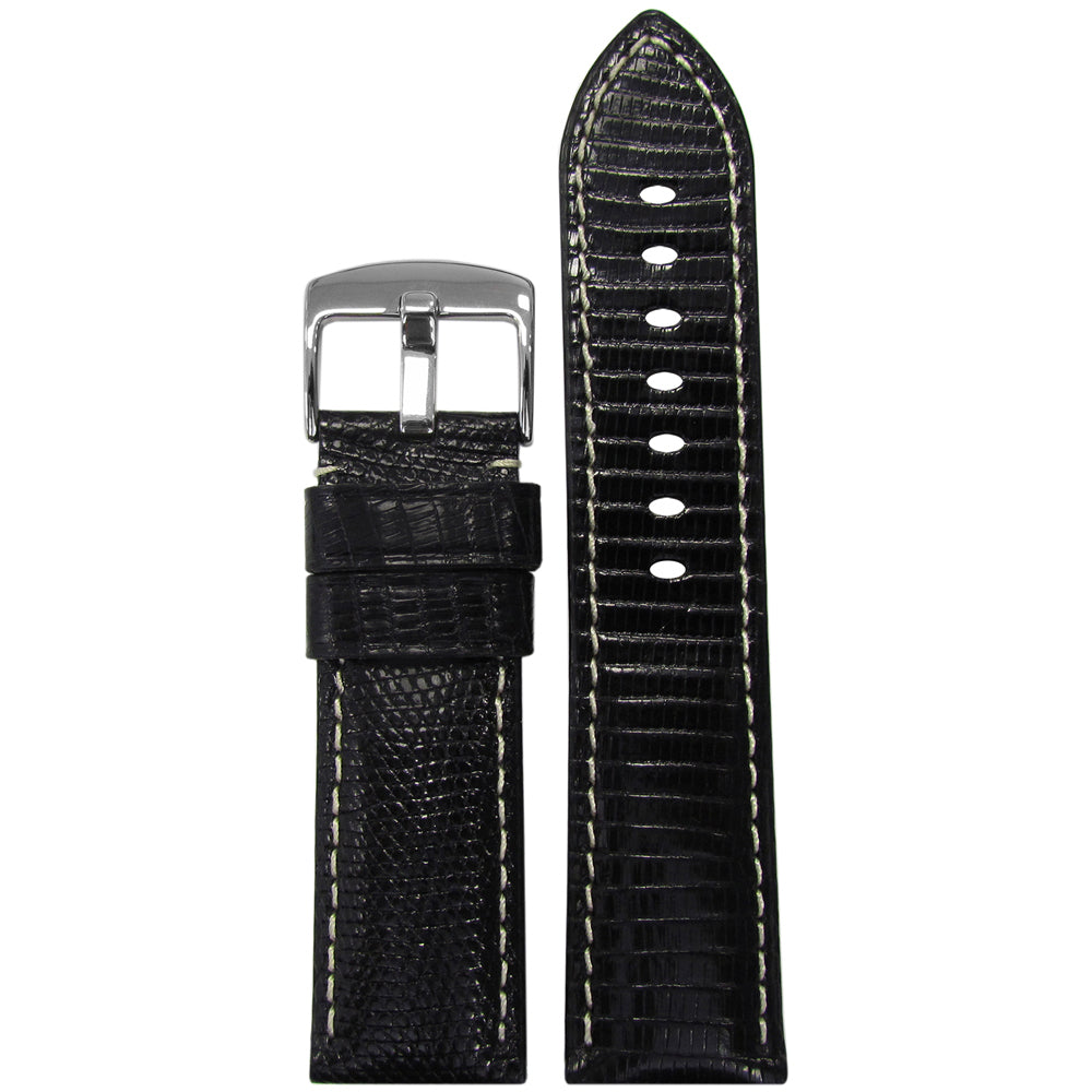 Semi-Gloss Genuine Lizard Watch Band | Classic | Black | White Stitch