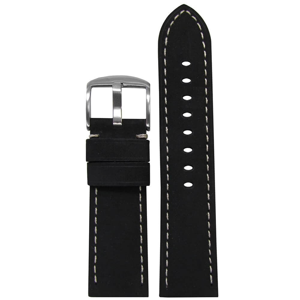 Sueded Calf Leather Watch Band | Padded | Black | White Stitch