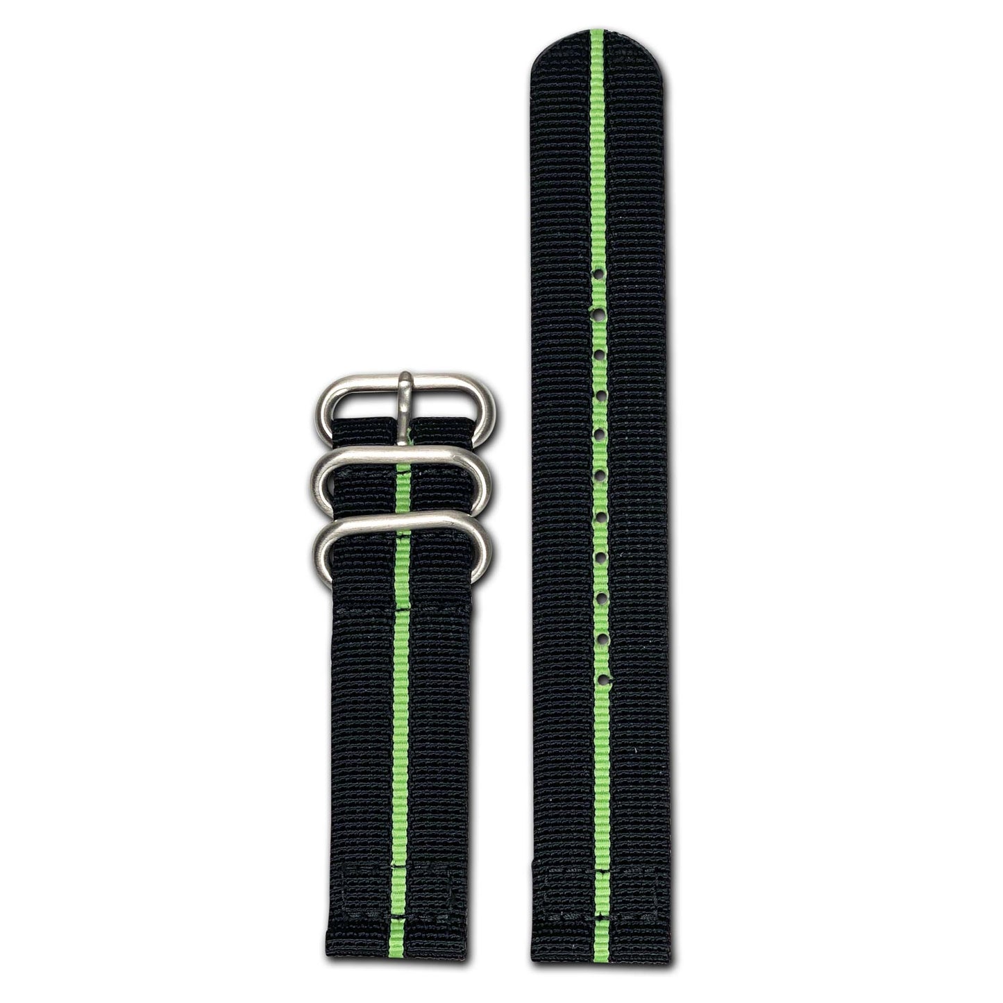 Ballistic Nylon Watch Band | Two-Piece | Black | Green Stripe | Brushed Hardware