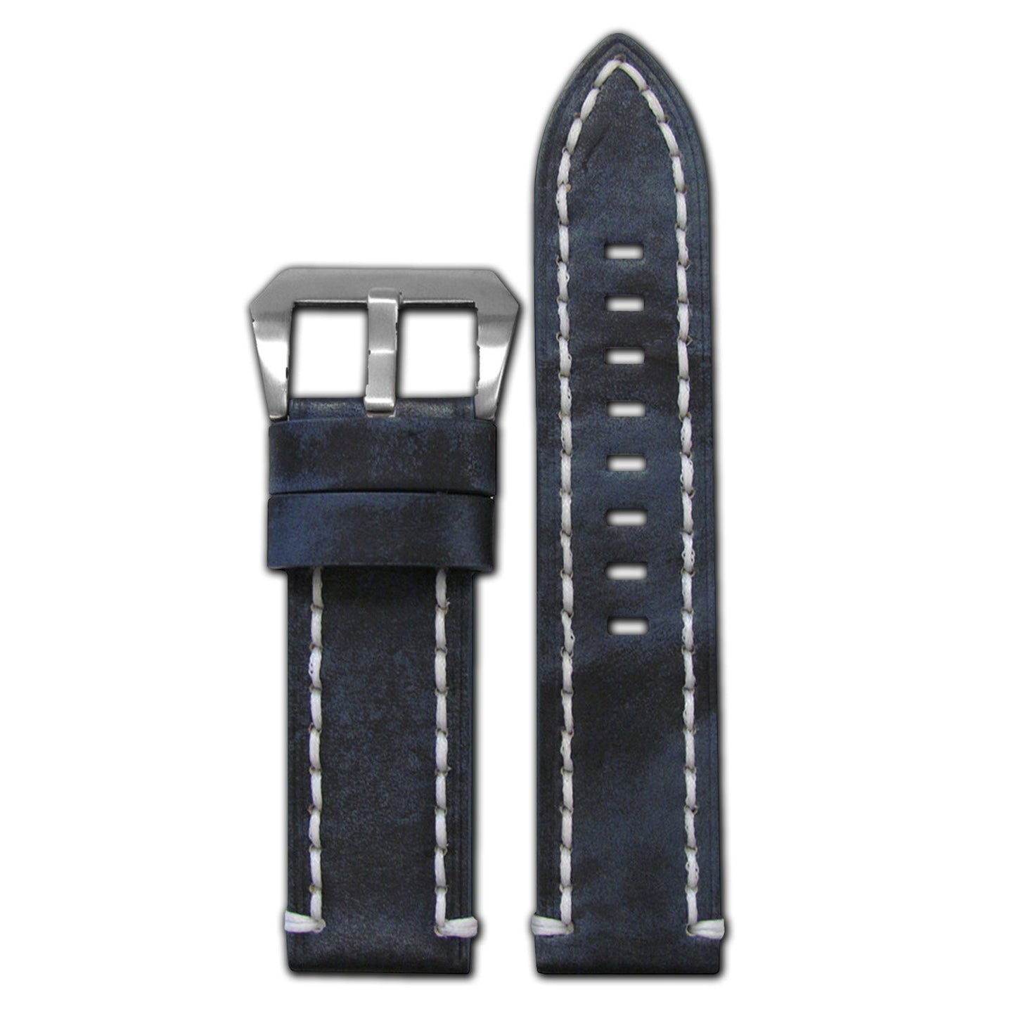 Denim Leather Watch Band | Flat | Vintage Denim | White Stitch