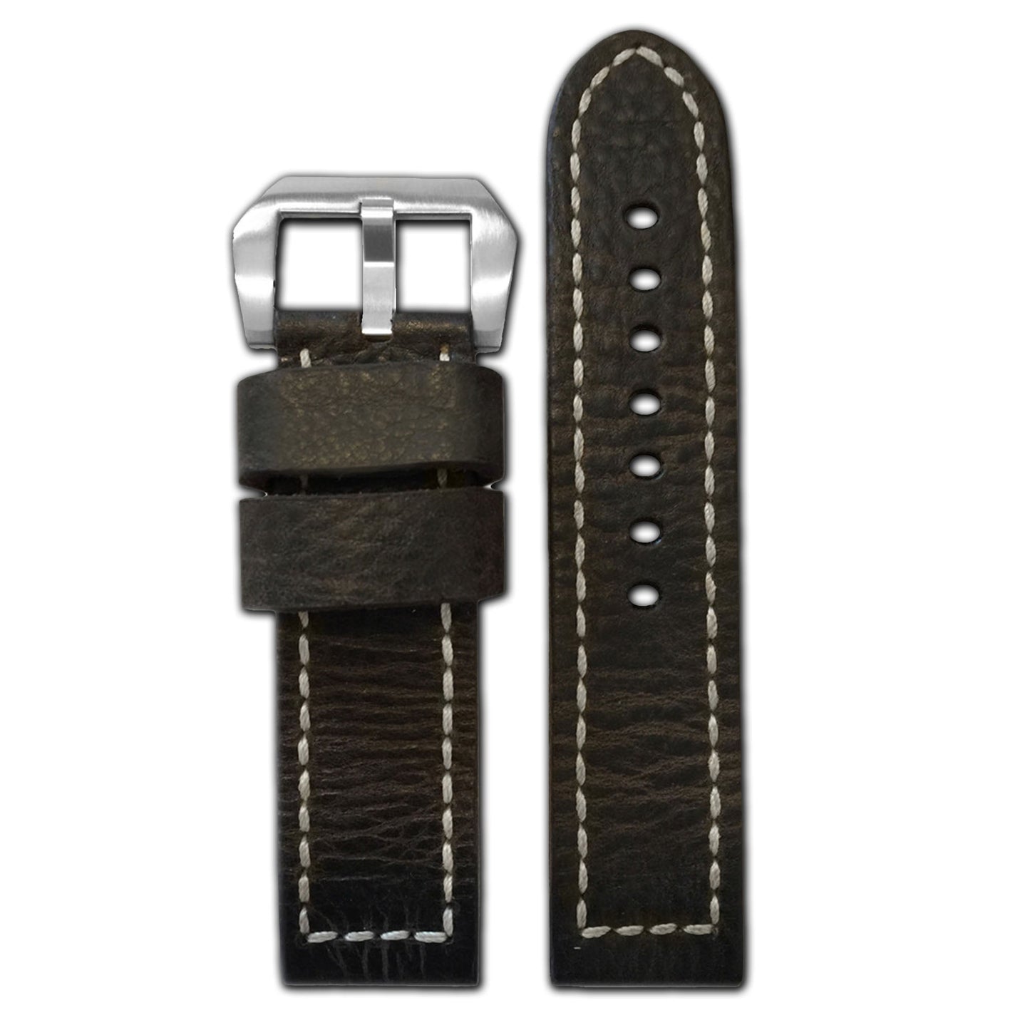 Vintage Leather Watch Band | "Bomber" | Dark Brown | White Box Stitch