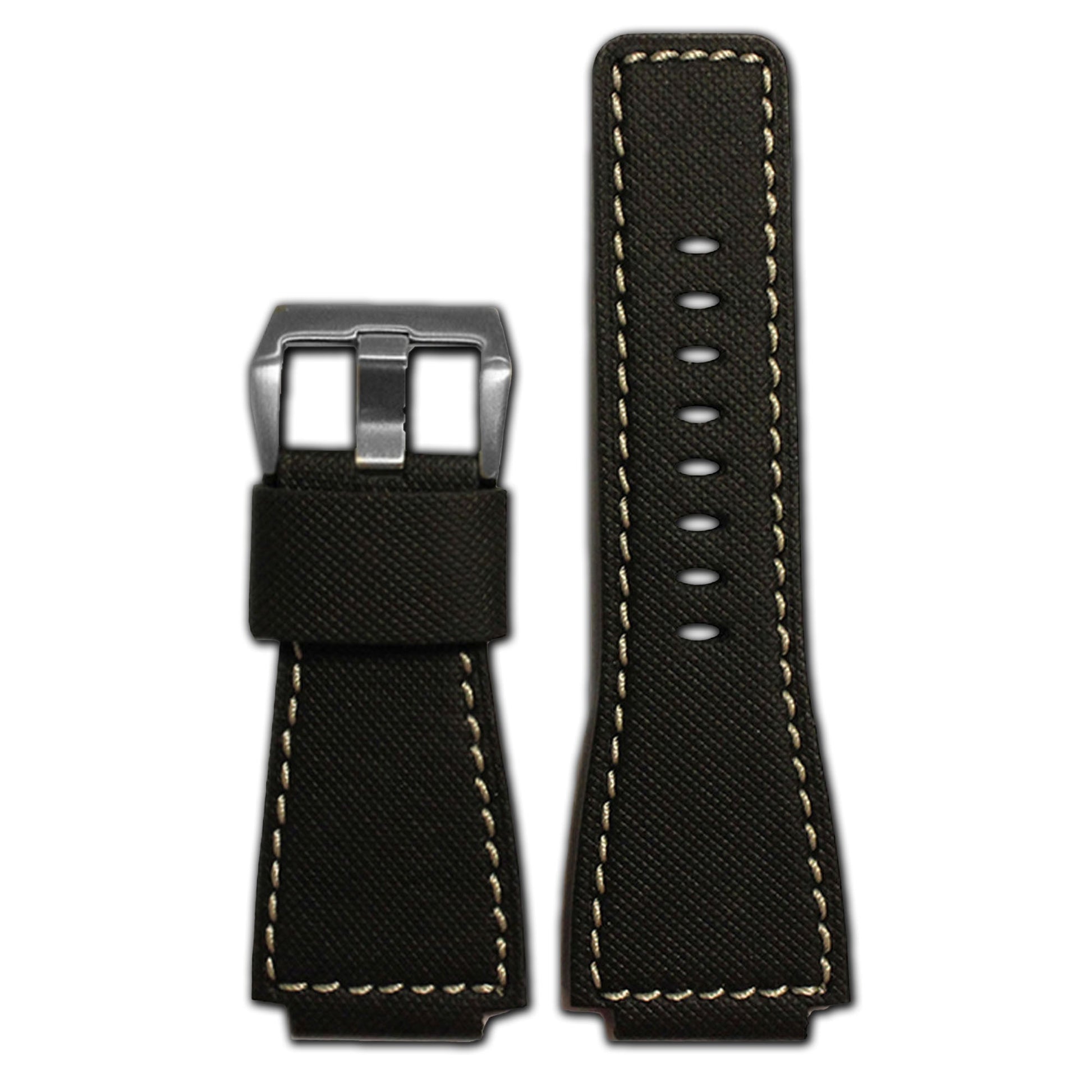 "KVLR" Style Leather Watch Band | Water Resistant | Flat | Black | White Stitch