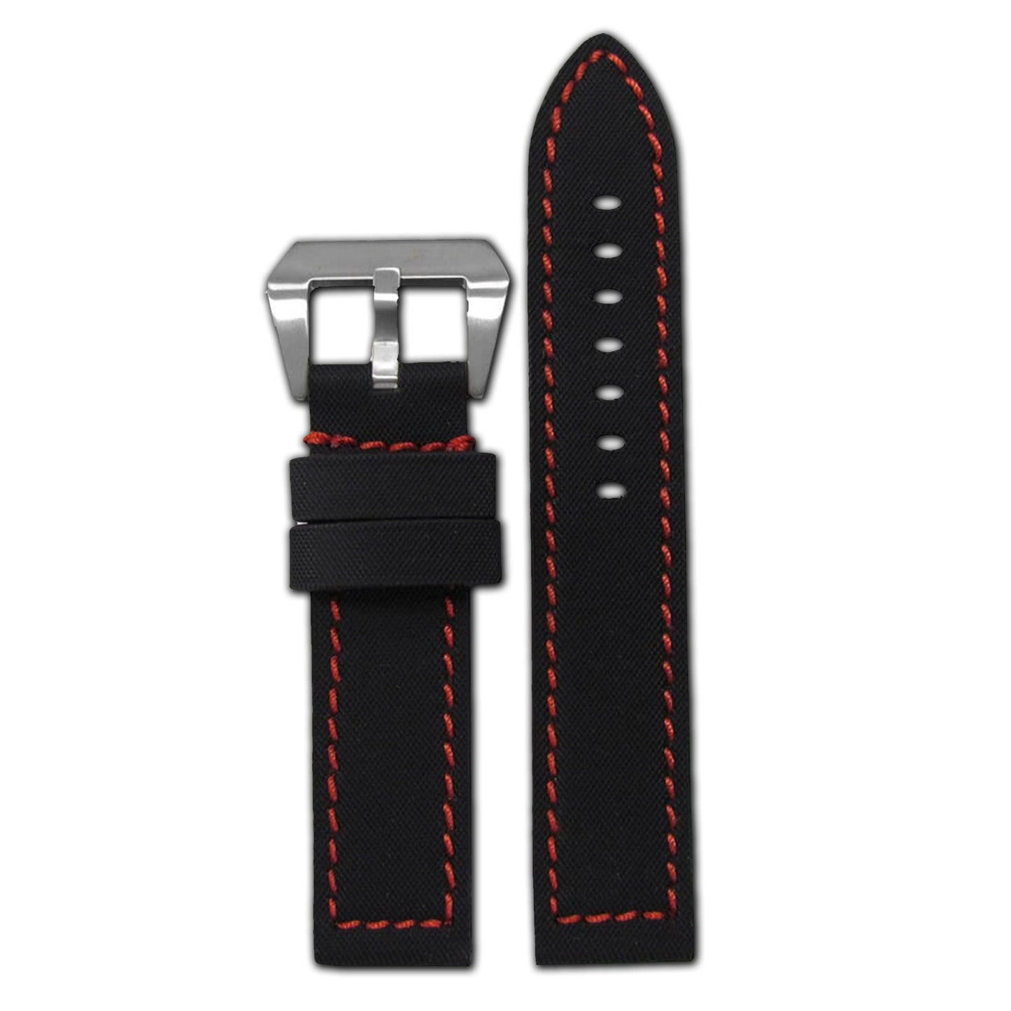 "KVLR" Style Leather Watch Band | Water Resistant | Flat | Black | Red Stitch