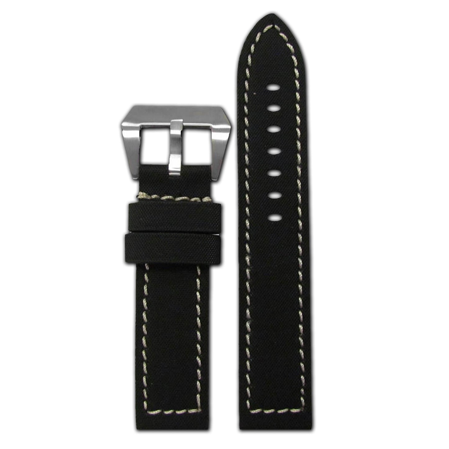 "KVLR" Style Leather Watch Band | Water Resistant | Flat | Black | White Stitch