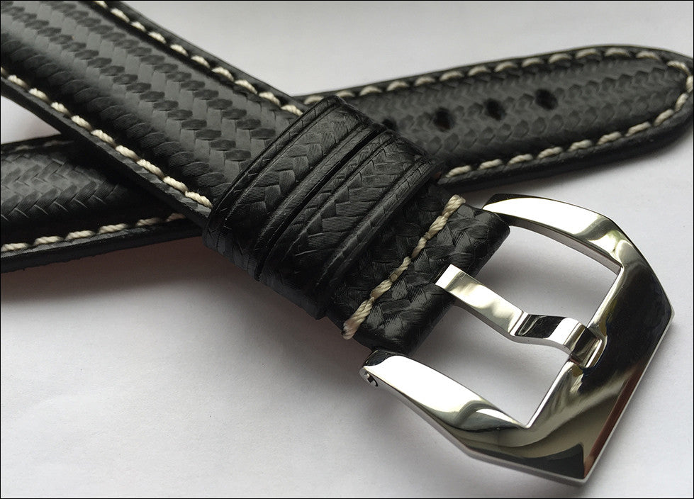 Black Carbon Fiber Style Watch Band | White Stitch | For Panerai