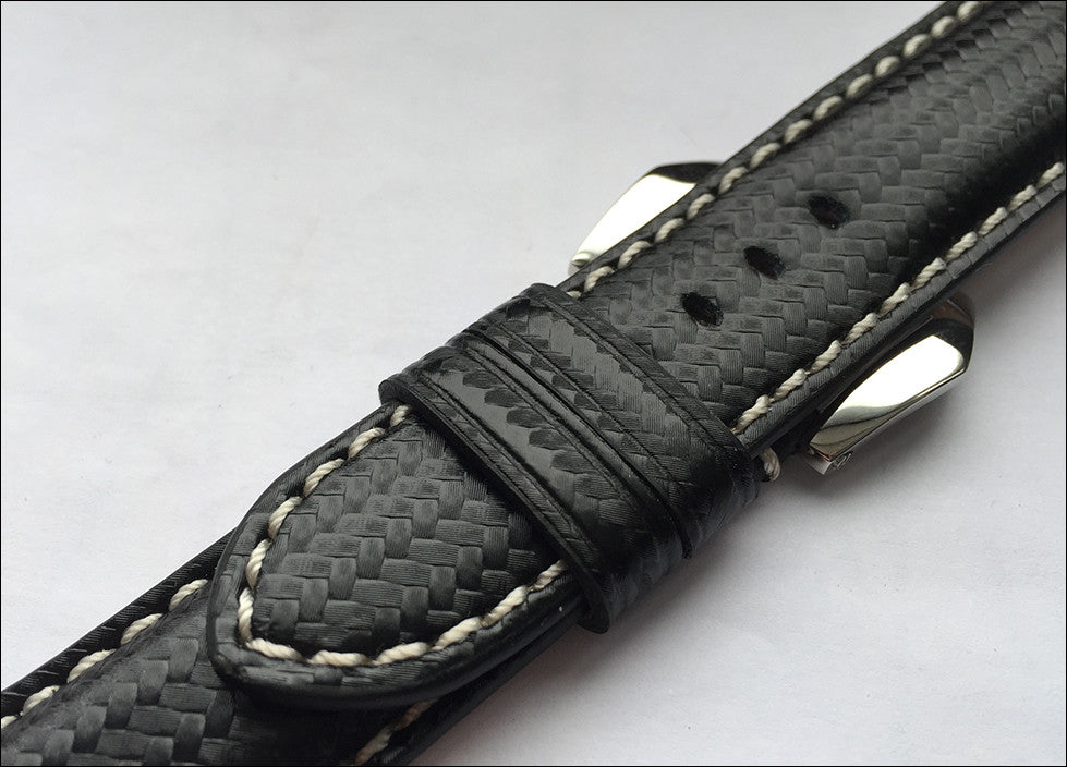 Black Carbon Fiber Style Watch Band | White Stitch | For Panerai