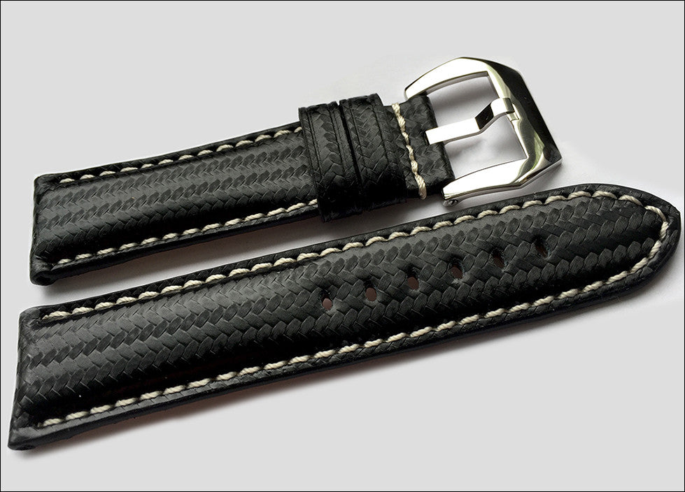 Black Carbon Fiber Style Watch Band | White Stitch | For Panerai