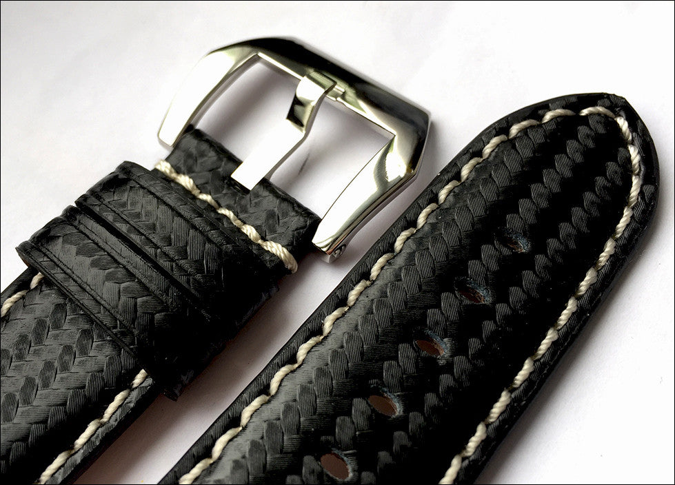 Black Carbon Fiber Style Watch Band | White Stitch | For Panerai