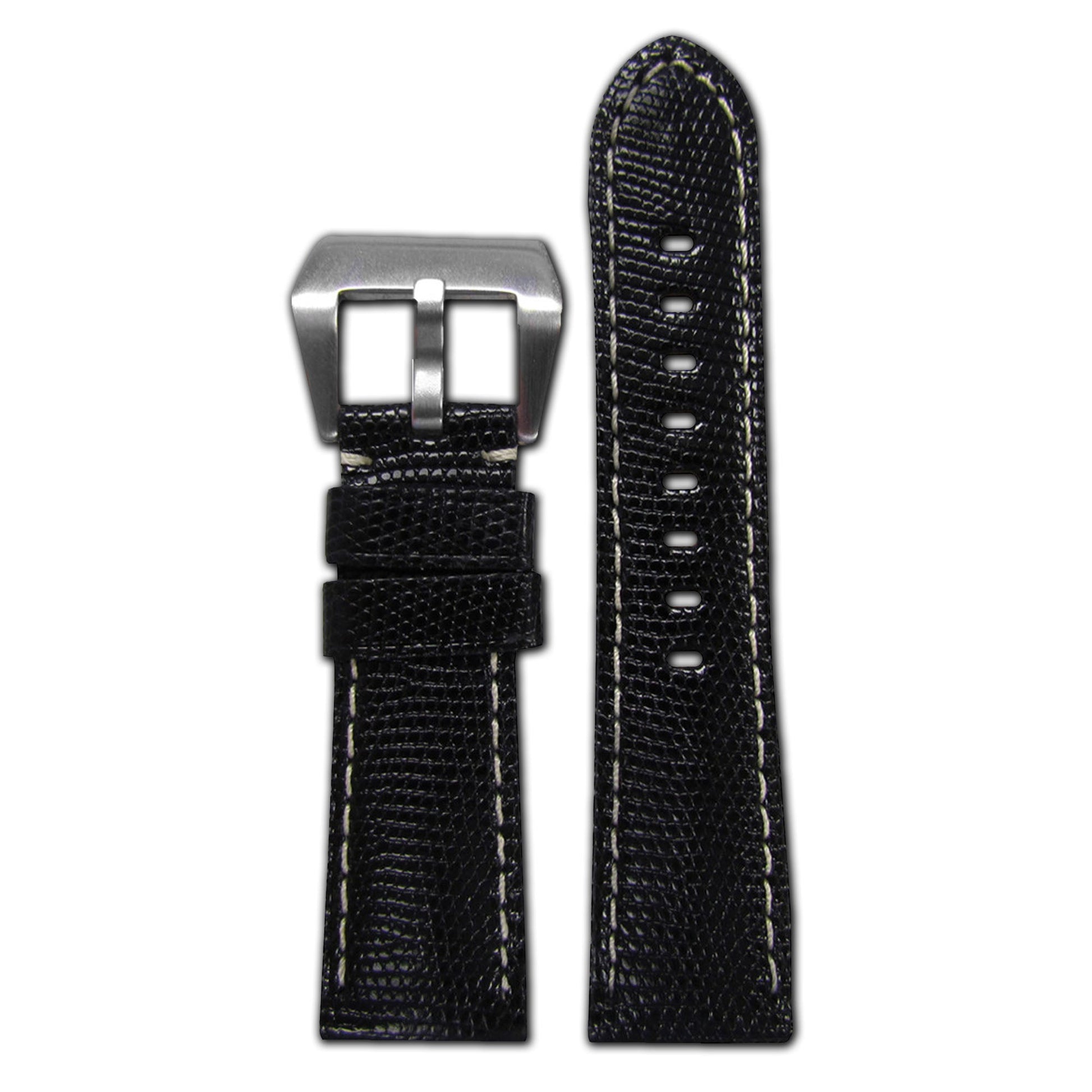 Genuine Lizard Watch Band | Padded | Black | White Stitch