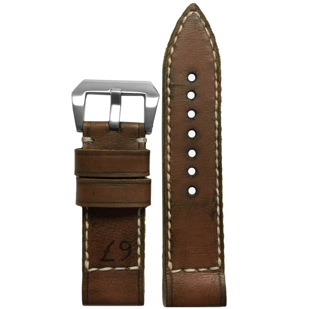 Genuine Vintage Leather Watch Band | "67" | Handmade | White Stitch | Gunny Straps