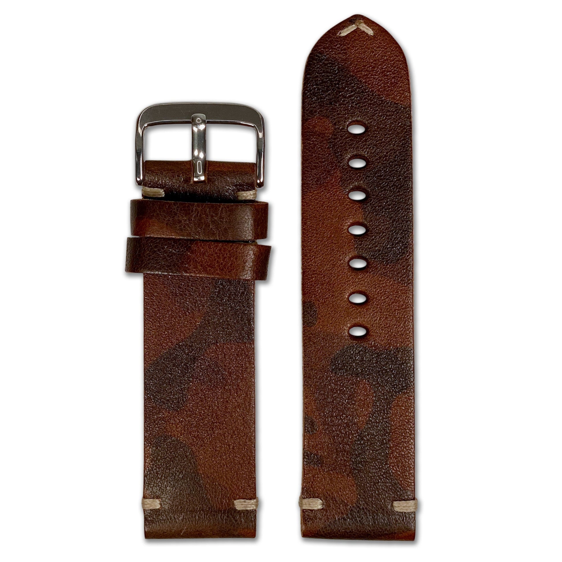 Vintage Leather Watch Band | Brown Camouflage | Minimal Stitch