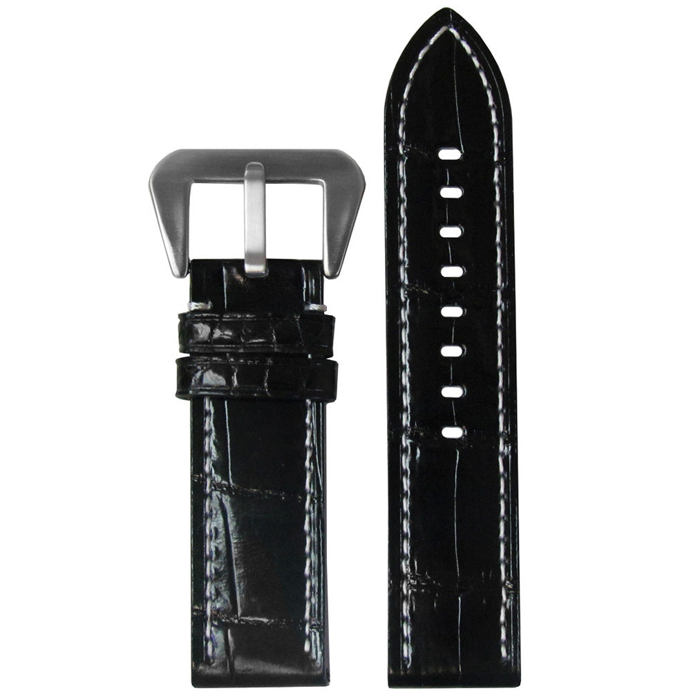 African Crocodile Skin Watch Band | Flat | Black | White Stitch