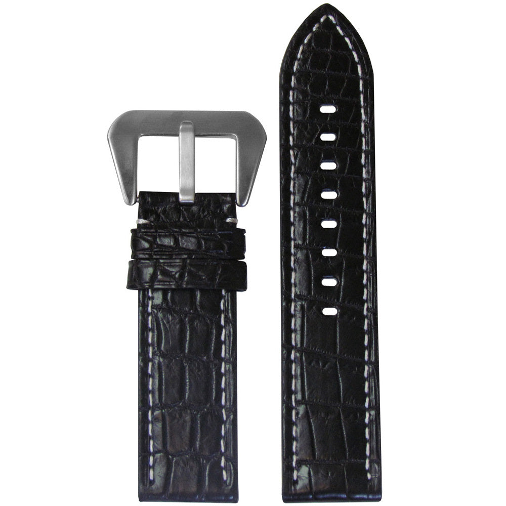 African Crocodile Skin Watch Band | Flat | Matte | Black | White Stitch