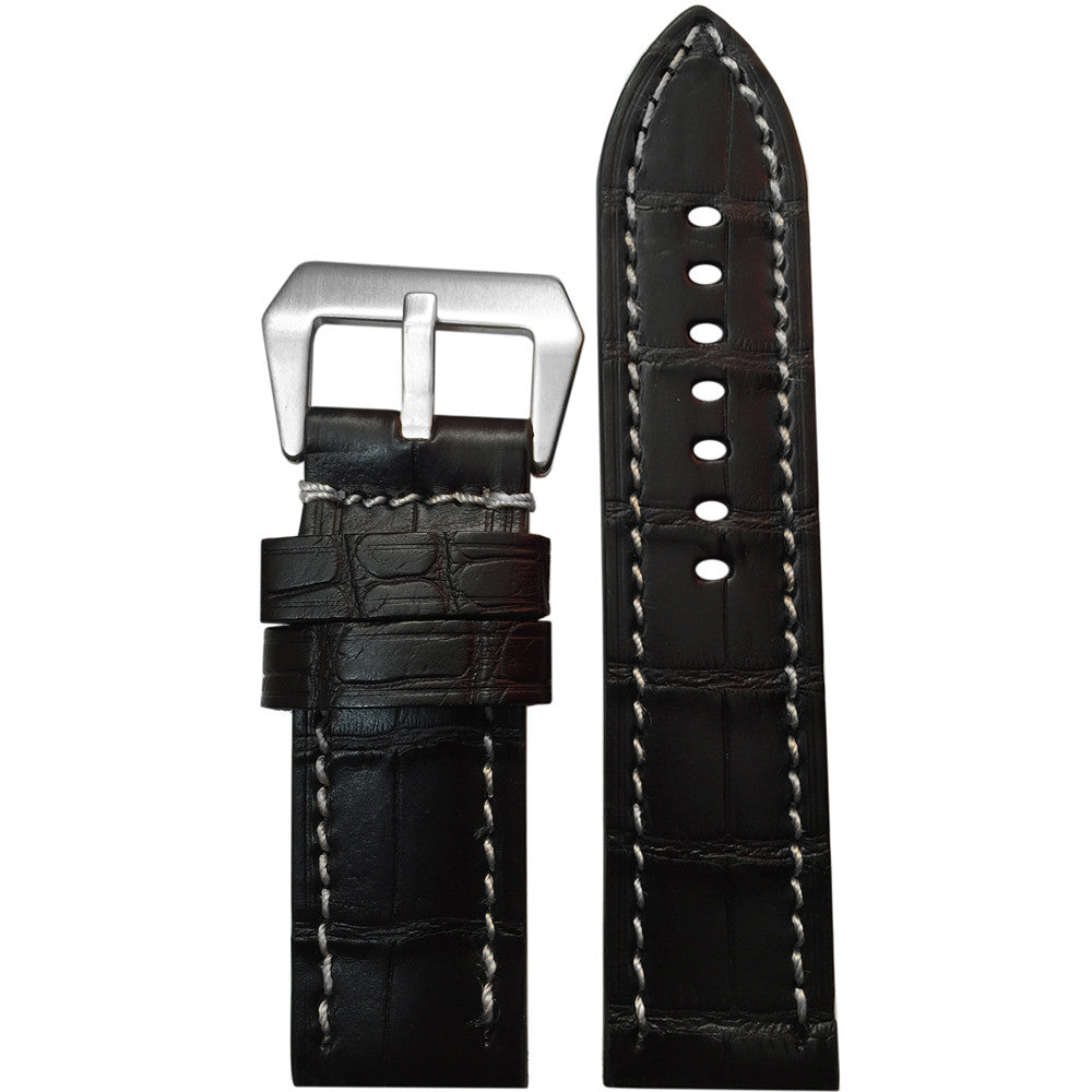 Matte Alligator Skin Watch Band | Black | Flat | White Stitch