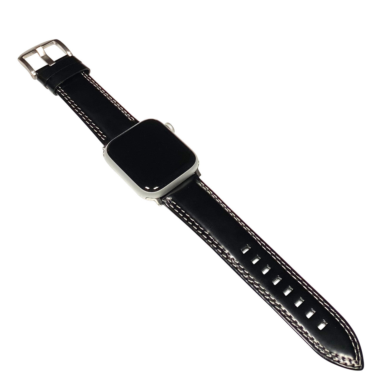 Apple Watch | Premium Italian Leather Watch Band | Padded | Black | Double White Stitch